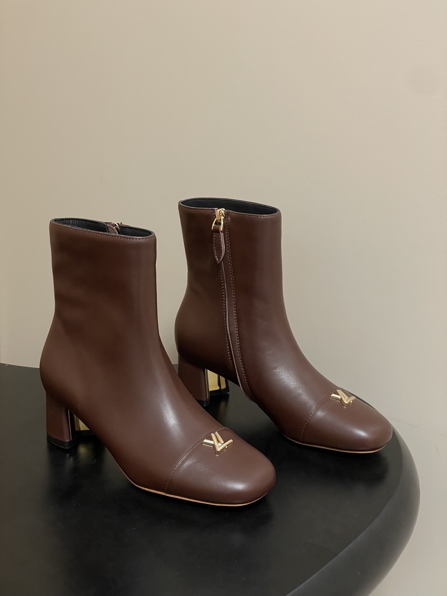 Luxury Brown Leather Ankle Boots with Gold LV Detail & Block Heel