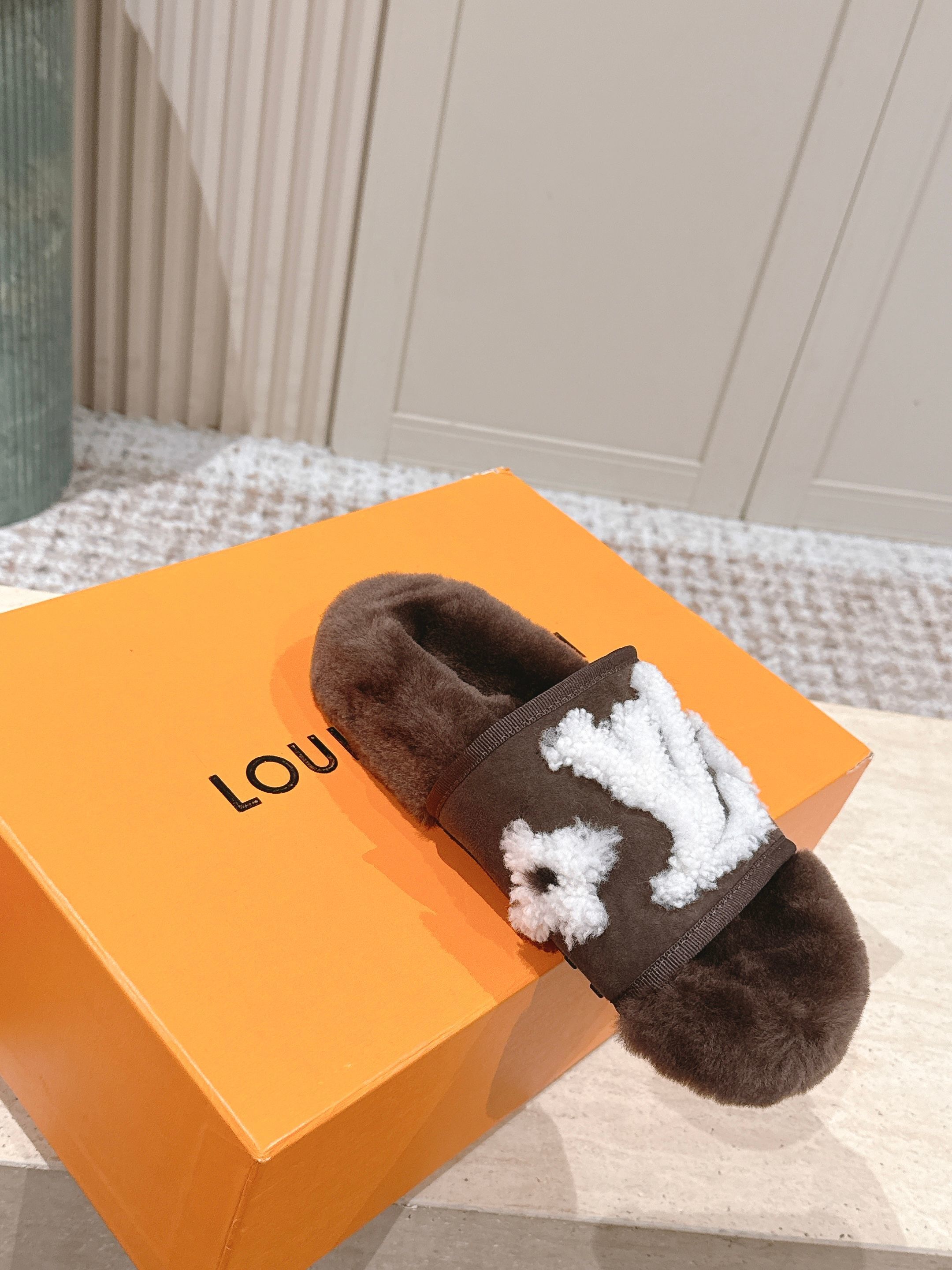 Luxury Monogram Plush Slippers - Cozy Brown & White Designer Slides