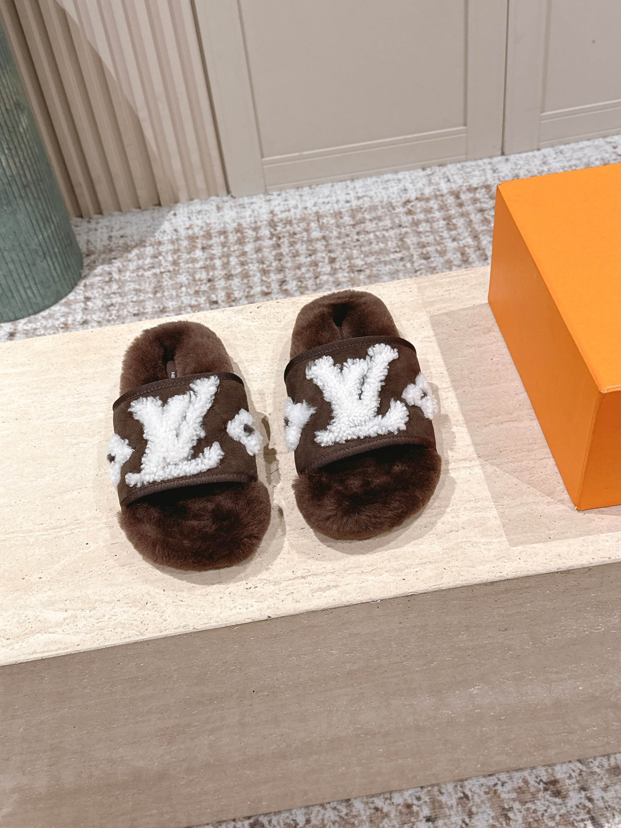Luxury Monogram Plush Slippers - Cozy Brown & White Designer Slides