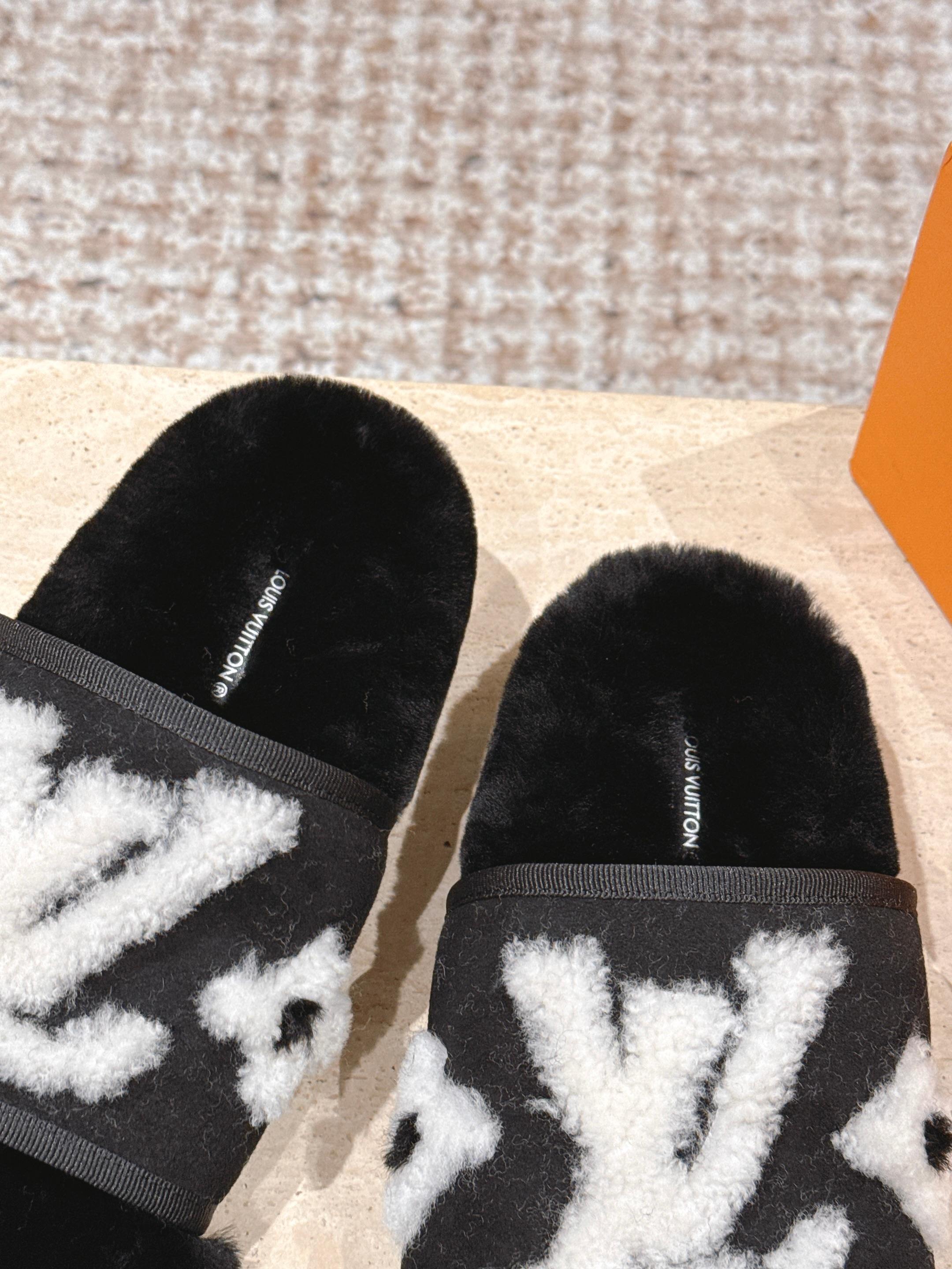 Luxury Designer Style Black Faux Fur Slippers with White Monogram