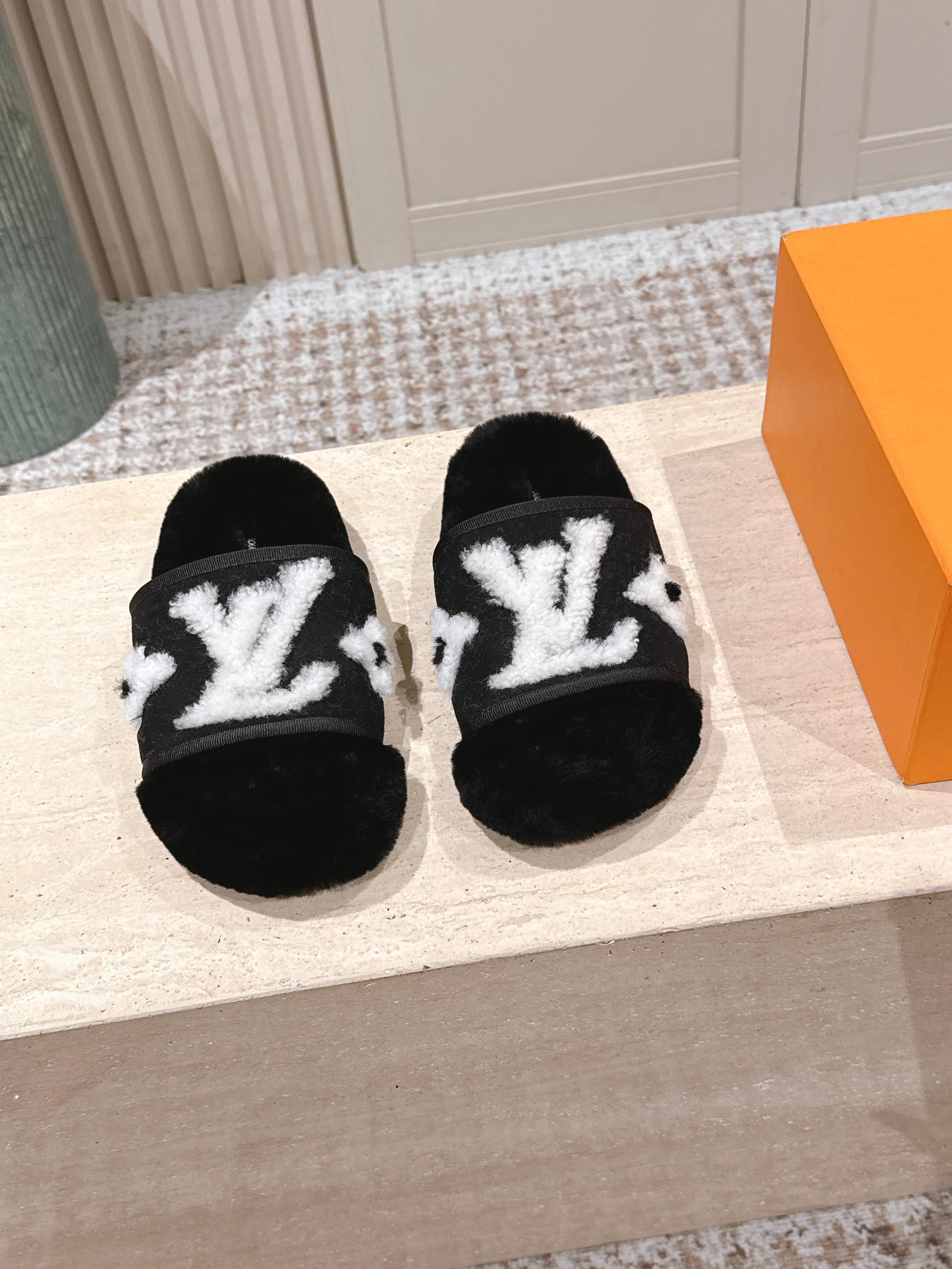 Luxury Designer Style Black Faux Fur Slippers with White Monogram
