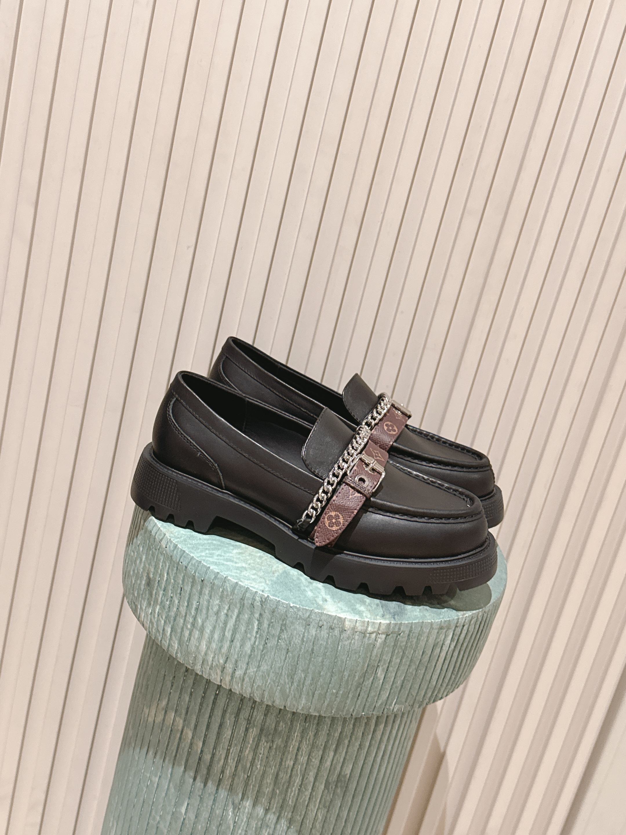 Women’s Chunky Platform Loafers with Chain and Monogram Buckle