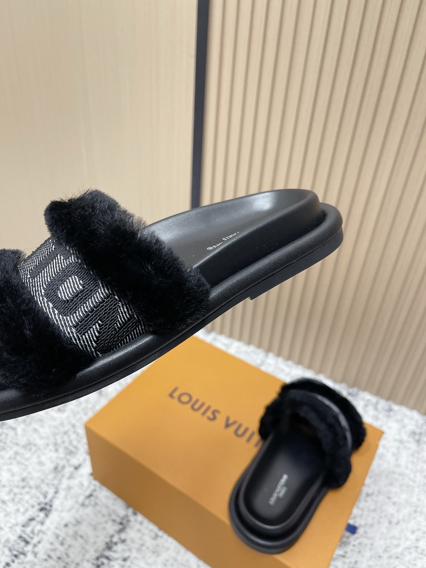 Louis Vuitton Black Faux Fur Monogram Comfort Mules & Slides
