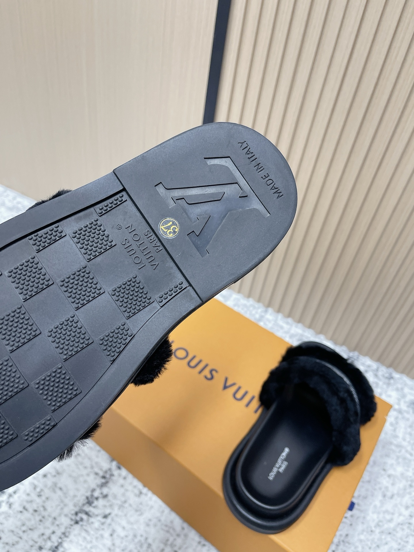 Louis Vuitton Black Faux Fur Monogram Comfort Mules & Slides