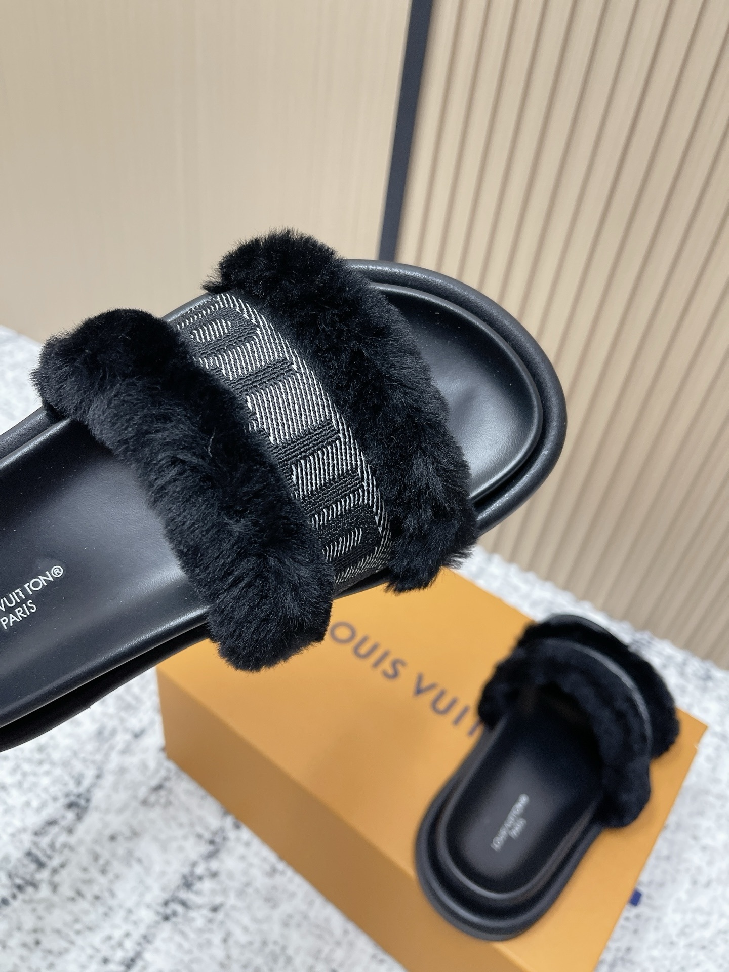 Louis Vuitton Black Faux Fur Monogram Comfort Mules & Slides