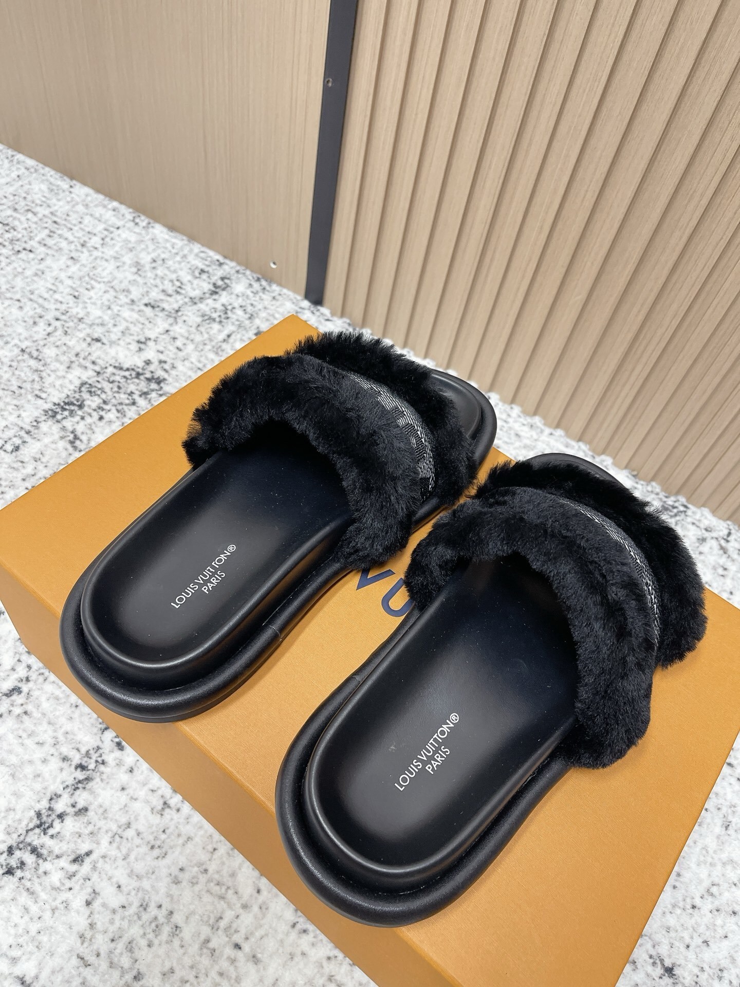 Louis Vuitton Black Faux Fur Monogram Comfort Mules & Slides