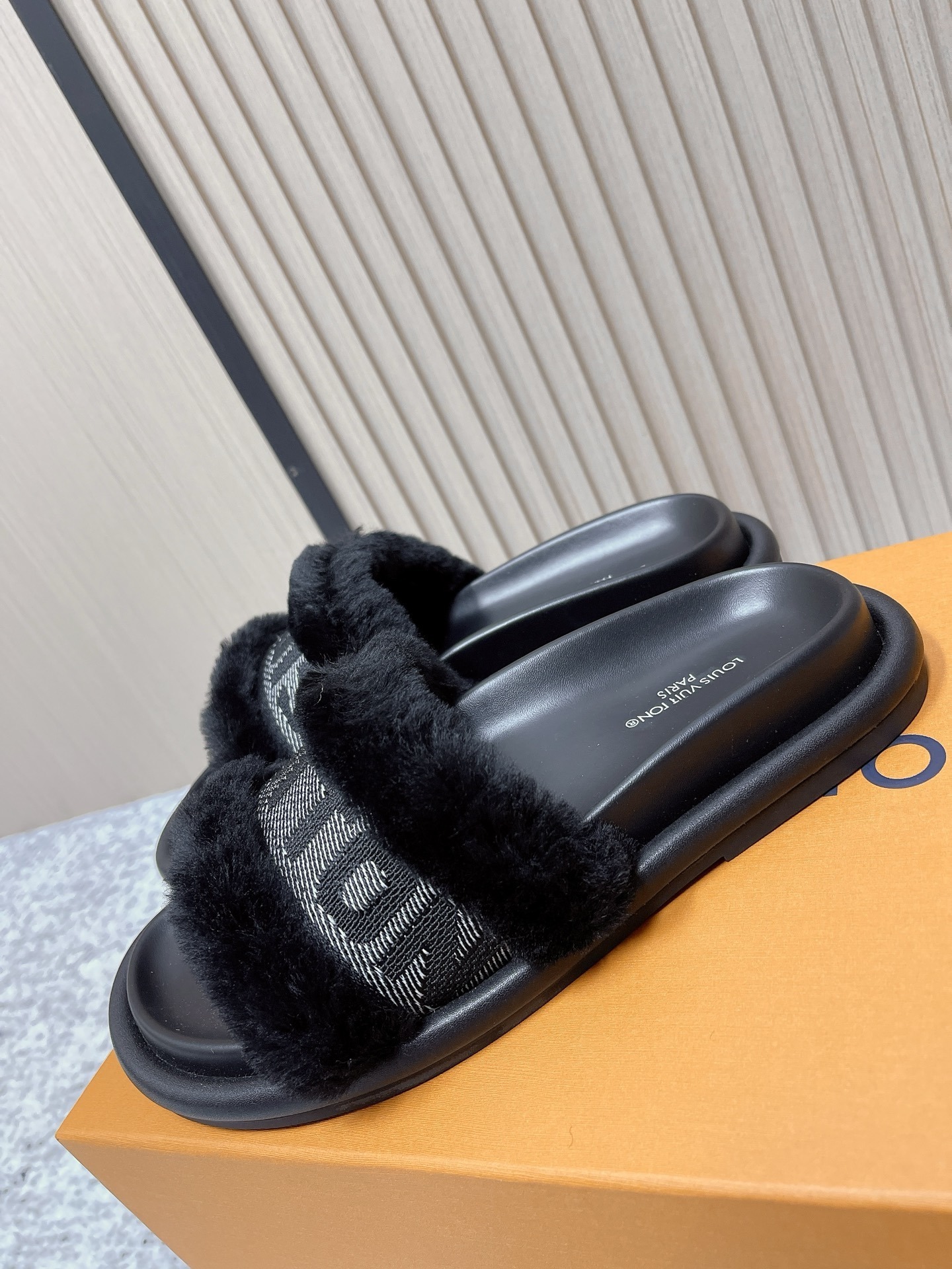 Louis Vuitton Black Faux Fur Monogram Comfort Mules & Slides