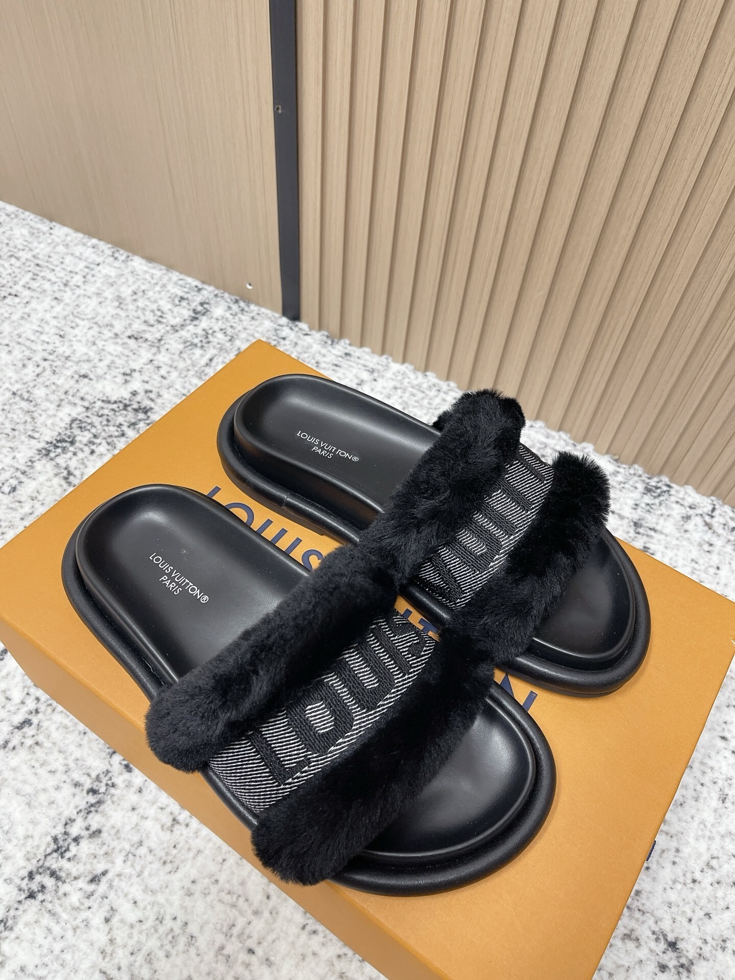 Louis Vuitton Black Faux Fur Monogram Comfort Mules & Slides