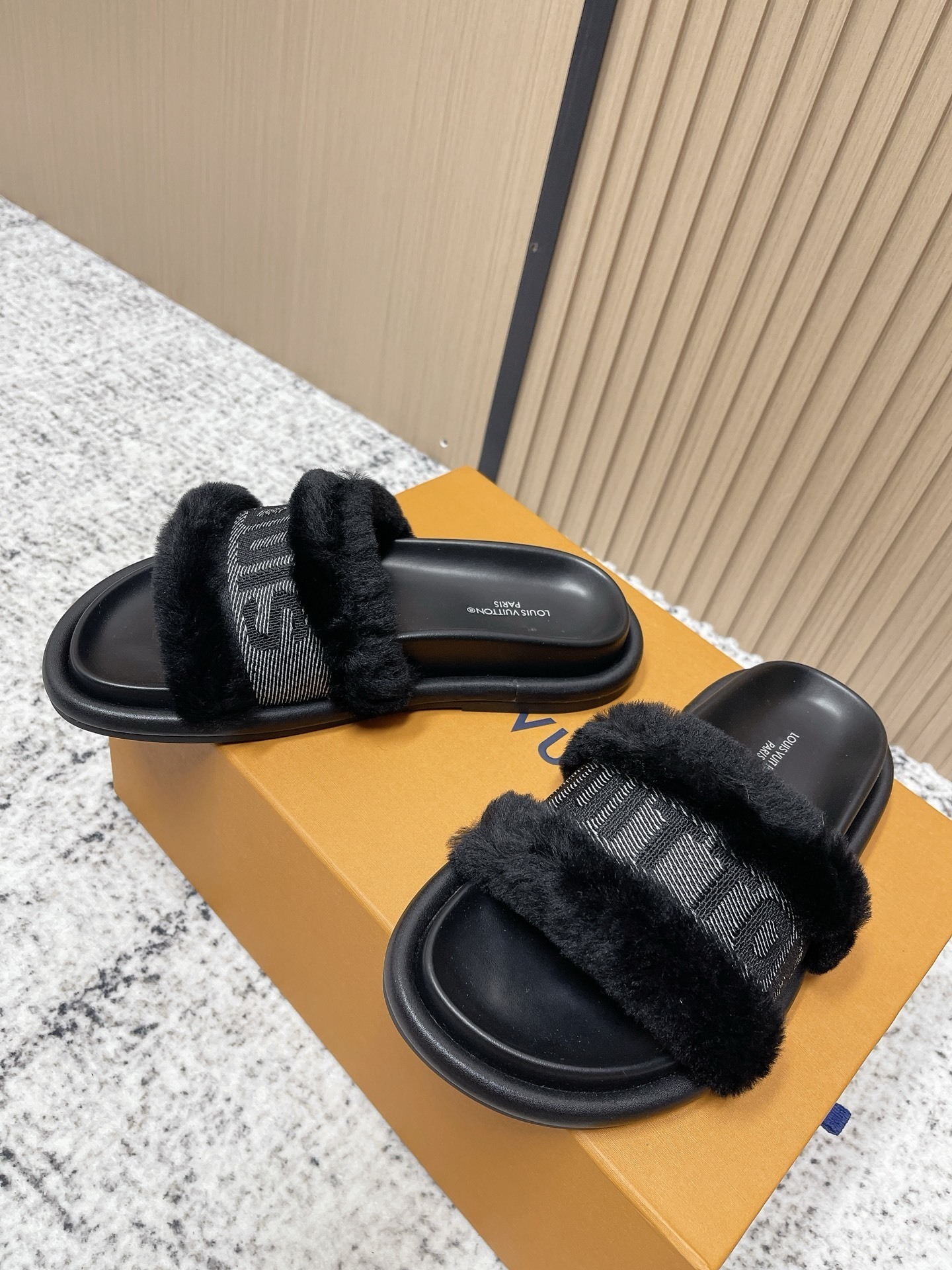 Louis Vuitton Black Faux Fur Monogram Comfort Mules & Slides