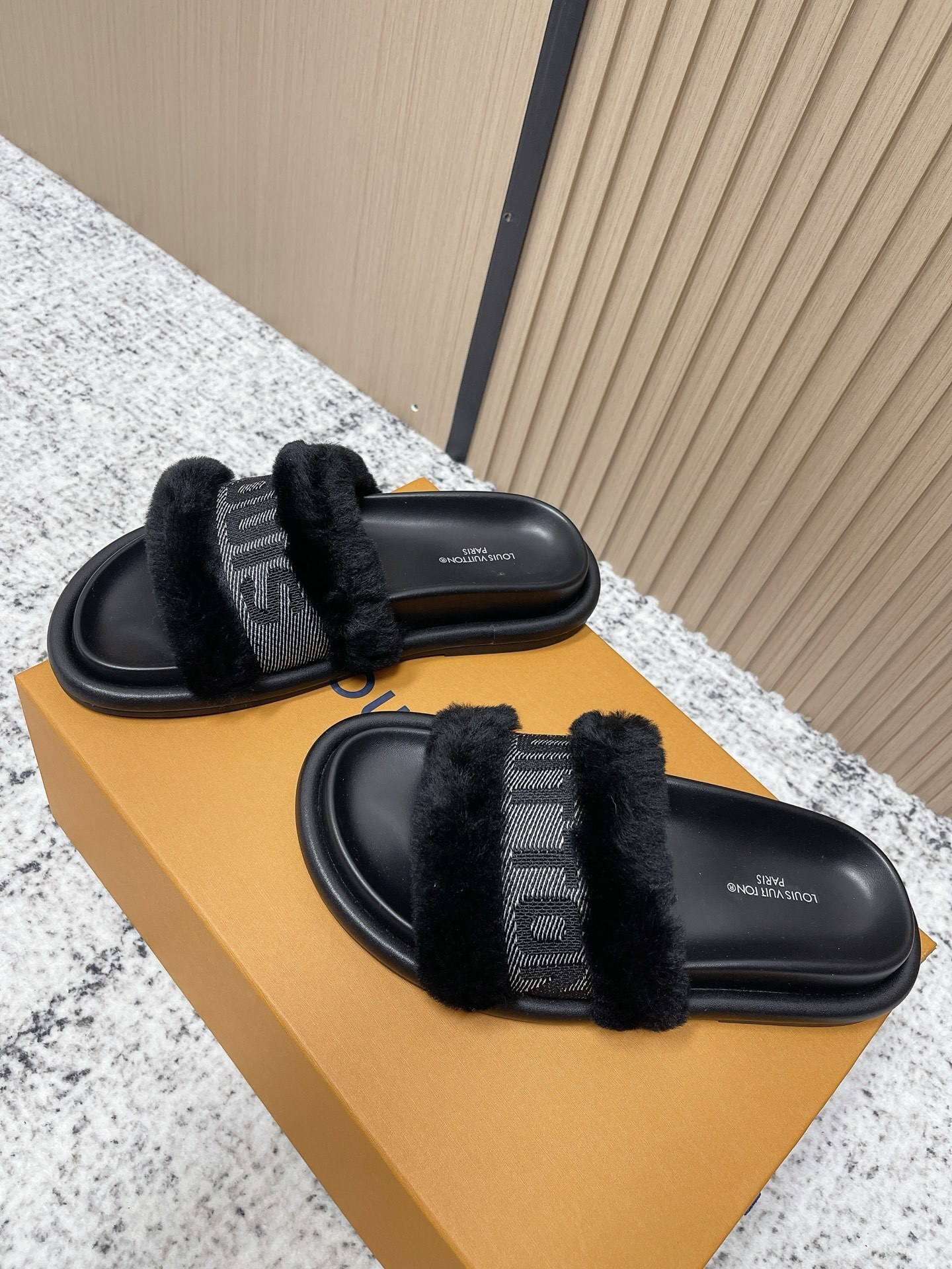 Louis Vuitton Black Faux Fur Monogram Comfort Mules & Slides
