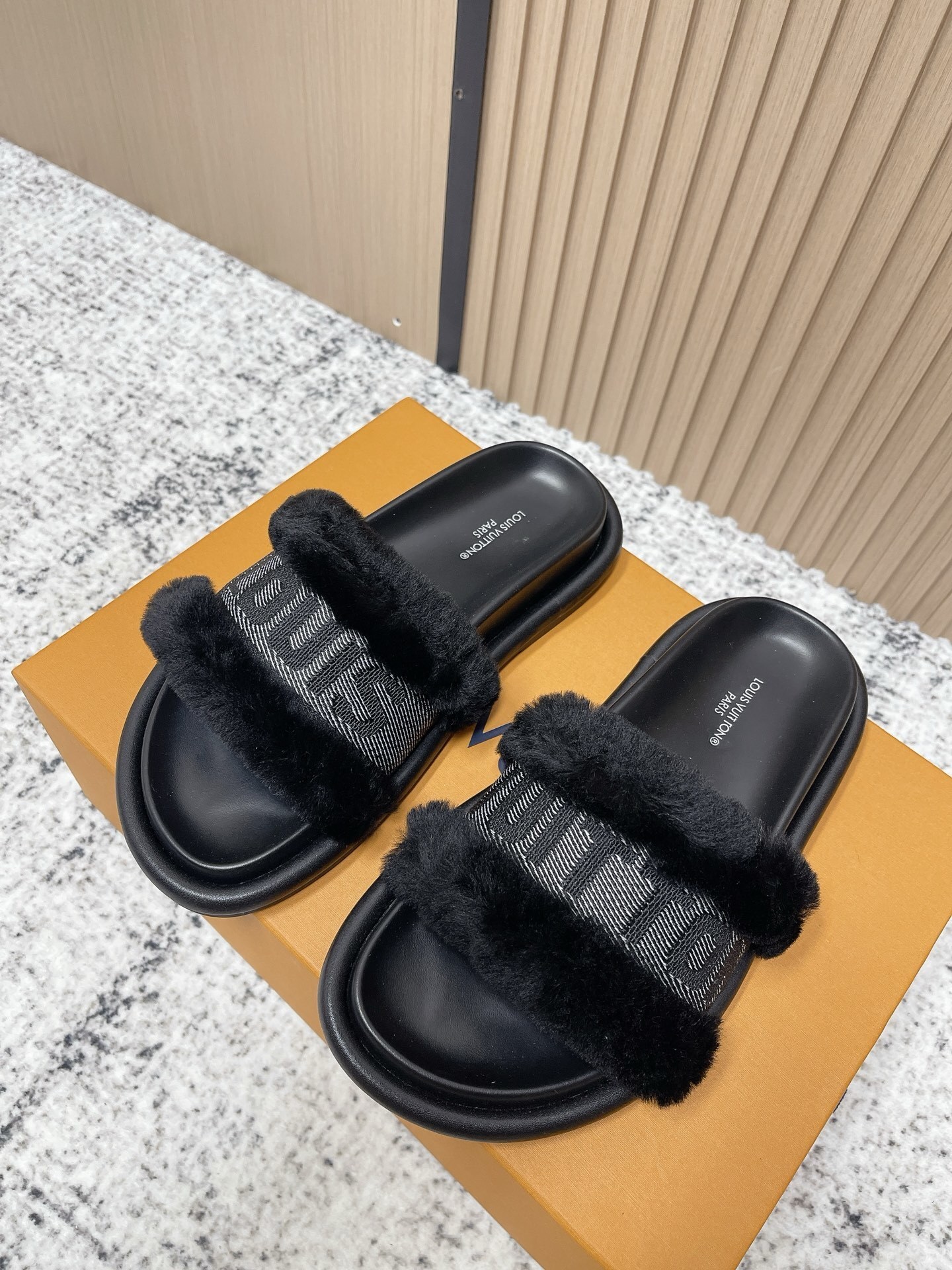 Louis Vuitton Black Faux Fur Monogram Comfort Mules & Slides