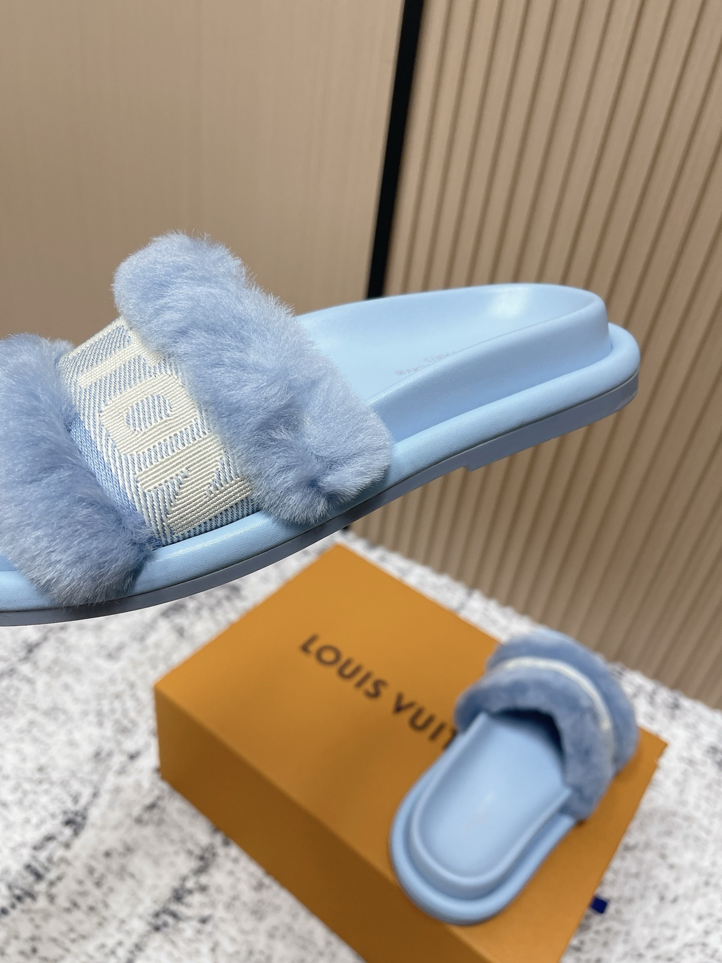 Louis Vuitton Light Blue Shearling Pool Pillow Comfort Mules