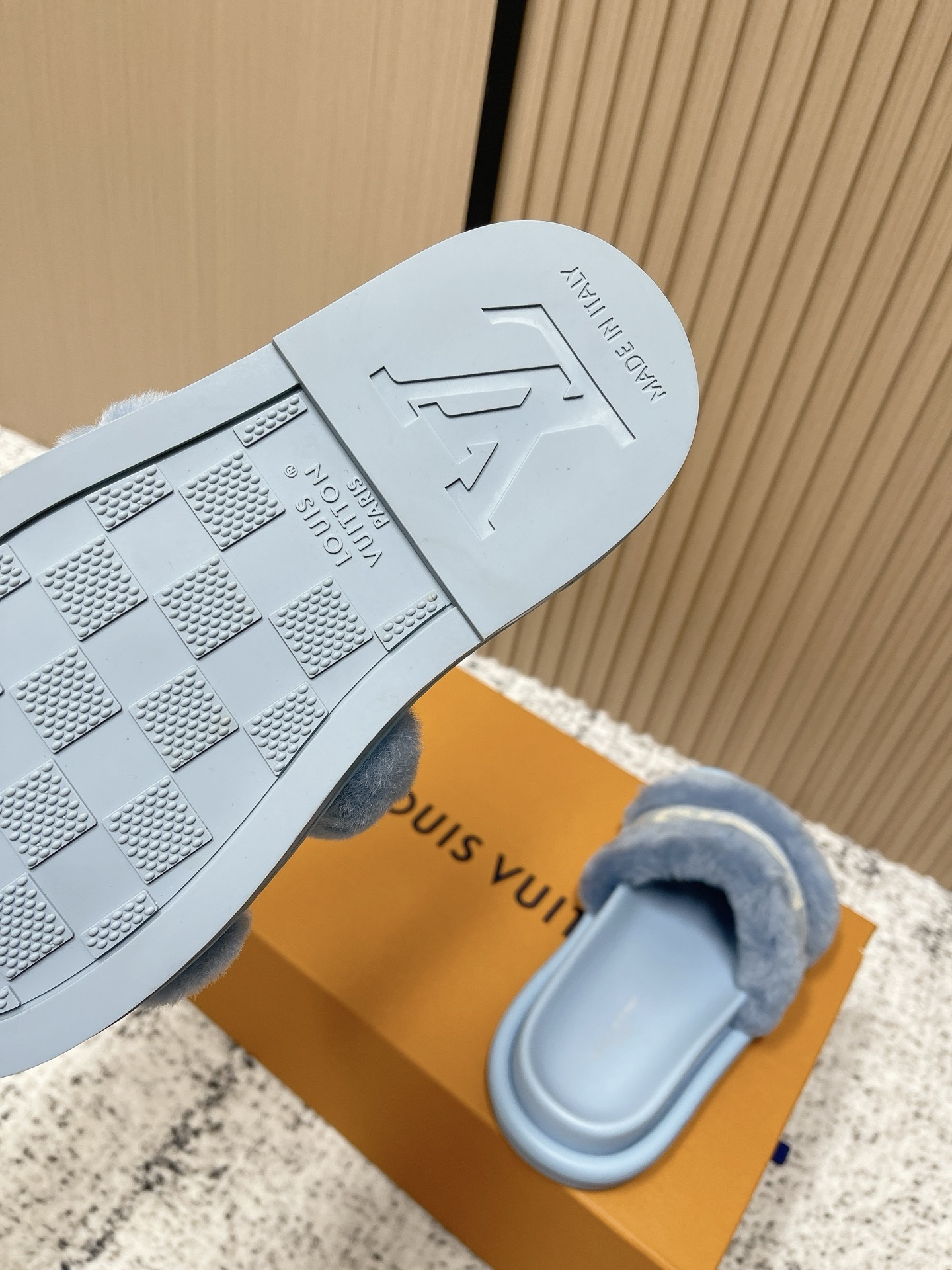 Louis Vuitton Light Blue Shearling Pool Pillow Comfort Mules