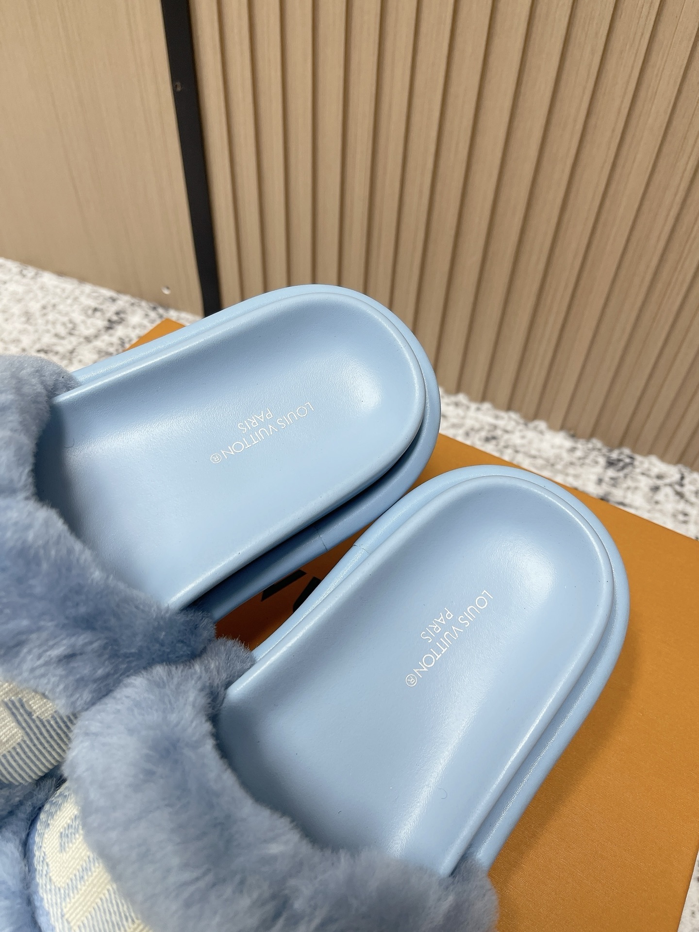 Louis Vuitton Light Blue Shearling Pool Pillow Comfort Mules