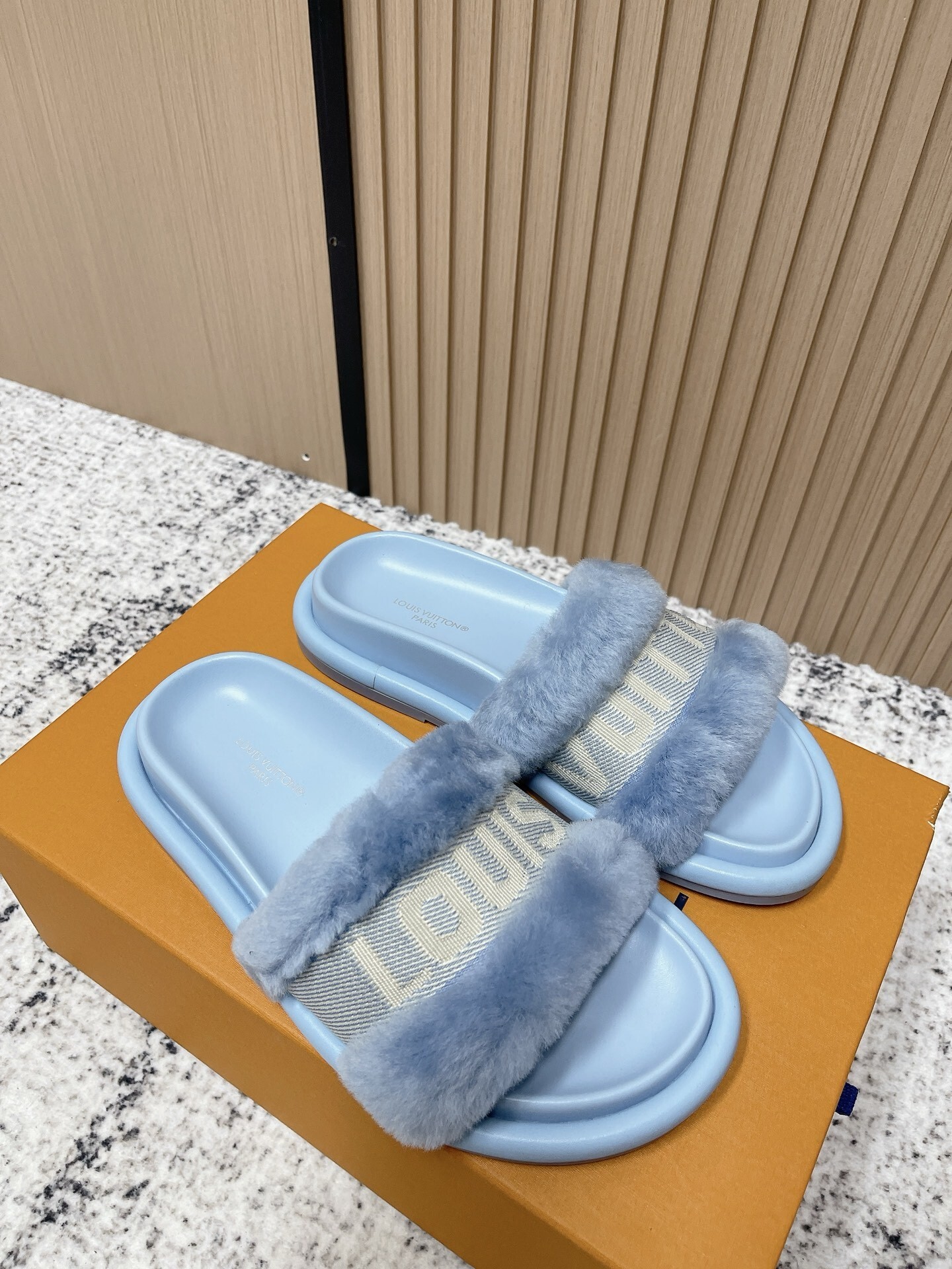 Louis Vuitton Light Blue Shearling Pool Pillow Comfort Mules