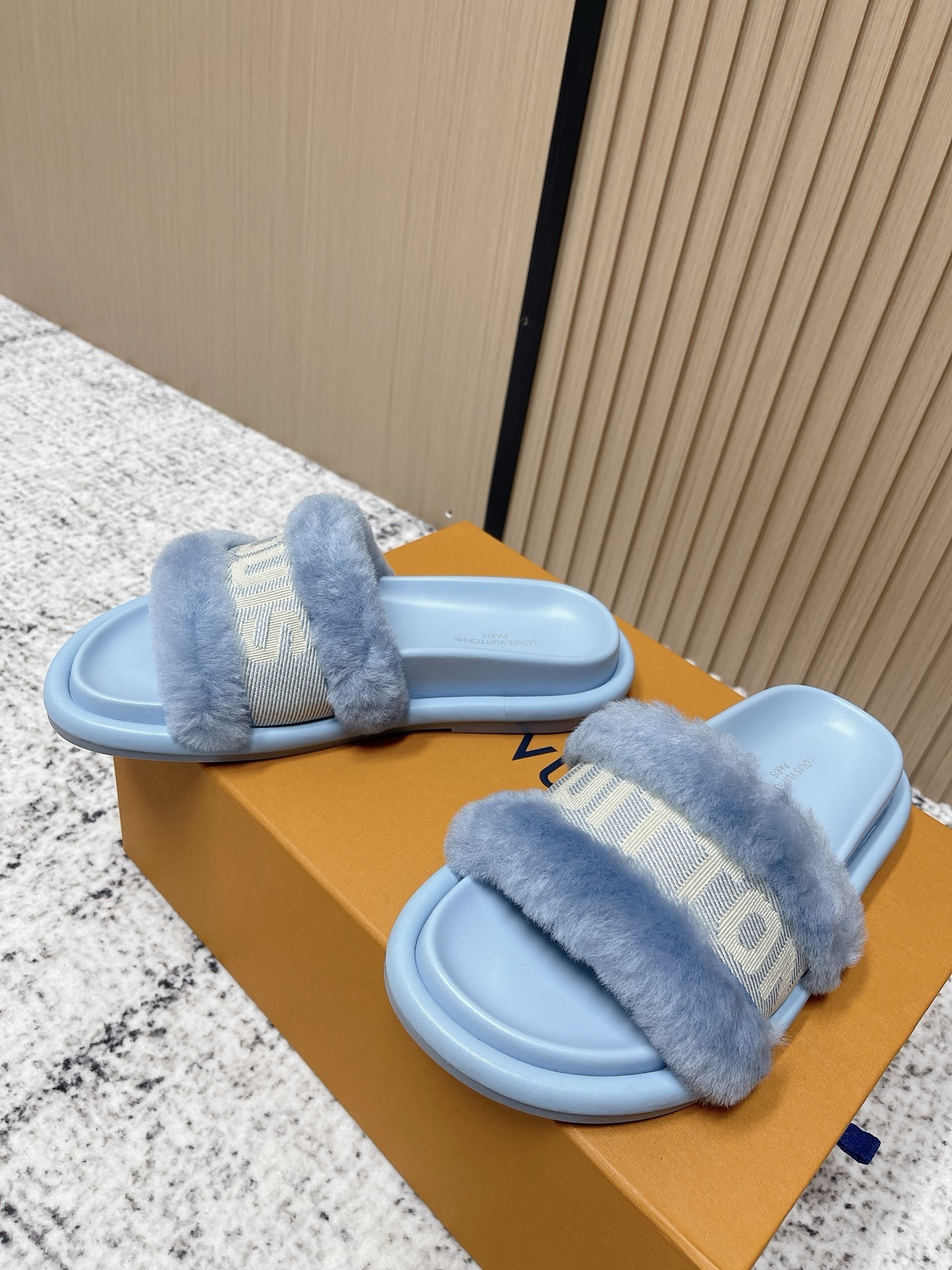 Louis Vuitton Light Blue Shearling Pool Pillow Comfort Mules