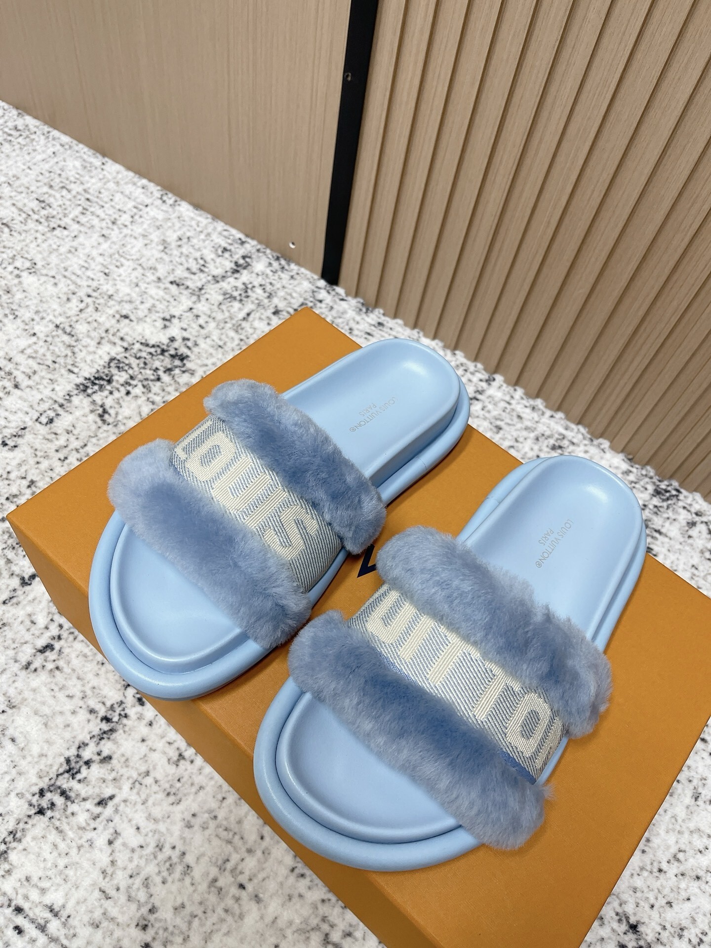 Louis Vuitton Light Blue Shearling Pool Pillow Comfort Mules