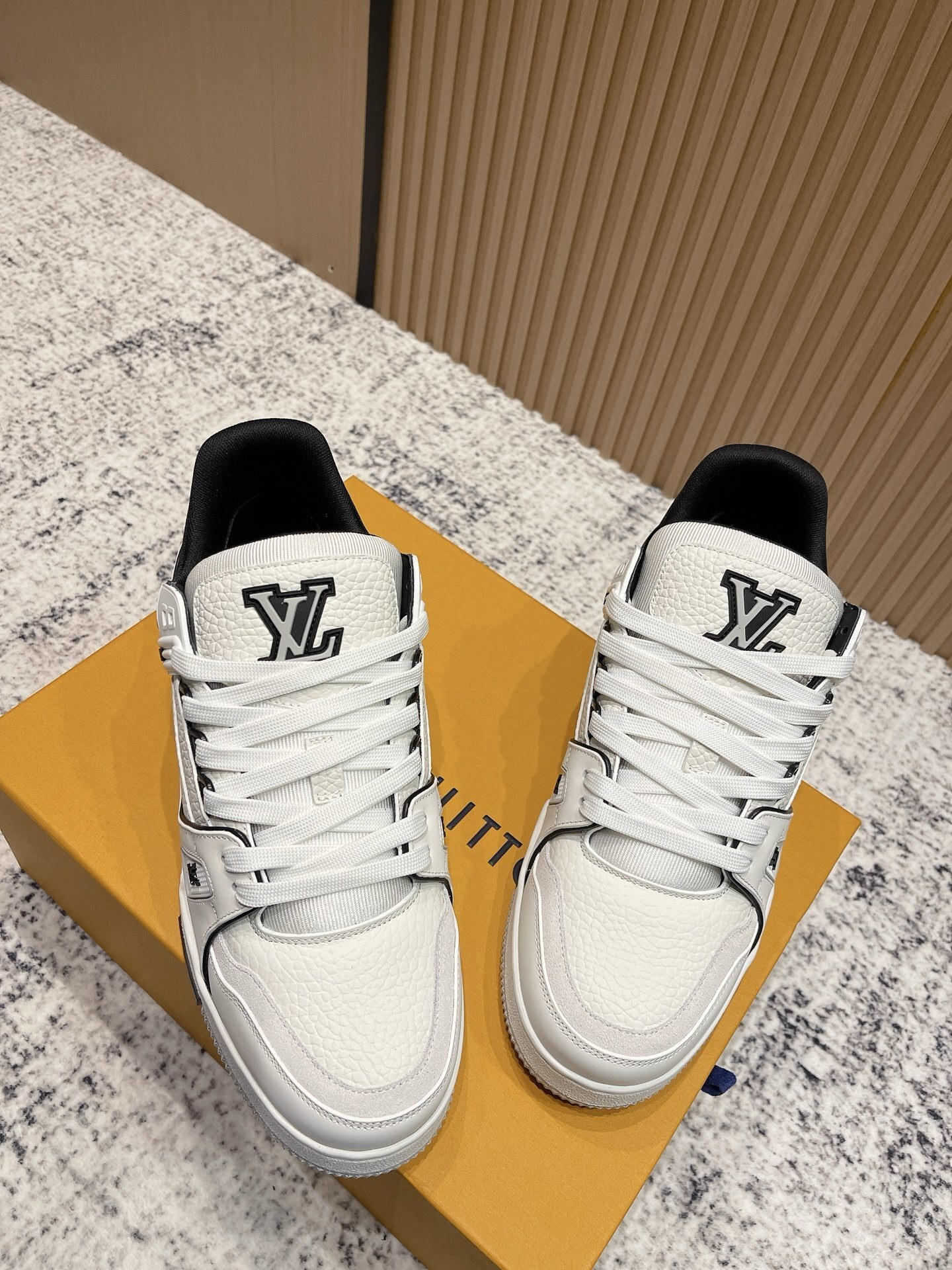 LV Trainer Sneakers - White & Black Pebbled Leather Luxury Shoes