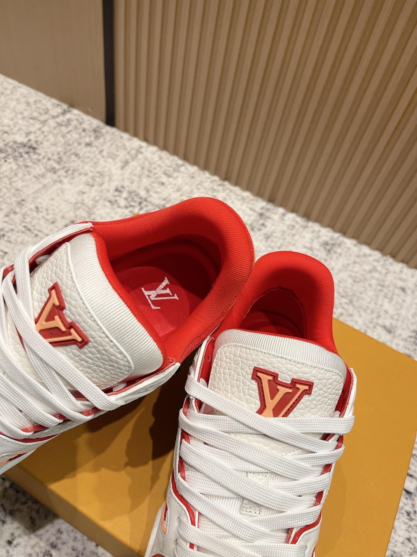 Louis Vuitton LV Trainer Sneakers - White & Red Grained Leather