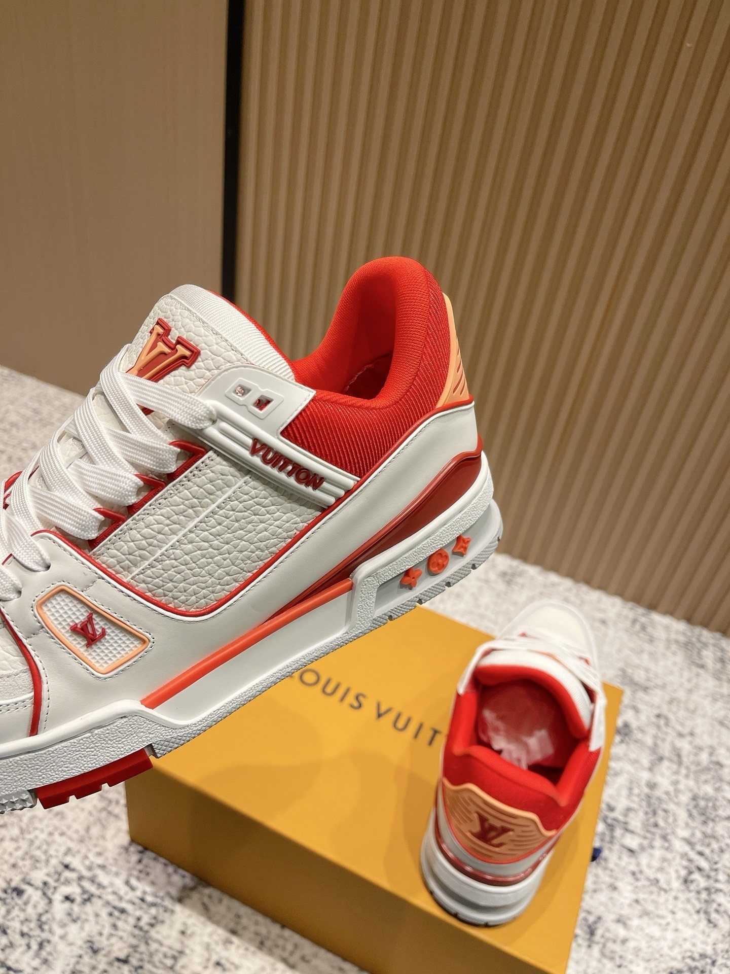 Louis Vuitton LV Trainer Sneakers - White & Red Grained Leather