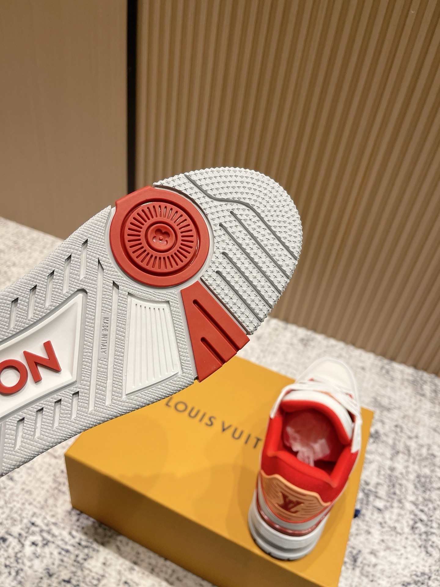Louis Vuitton LV Trainer Sneakers - White & Red Grained Leather