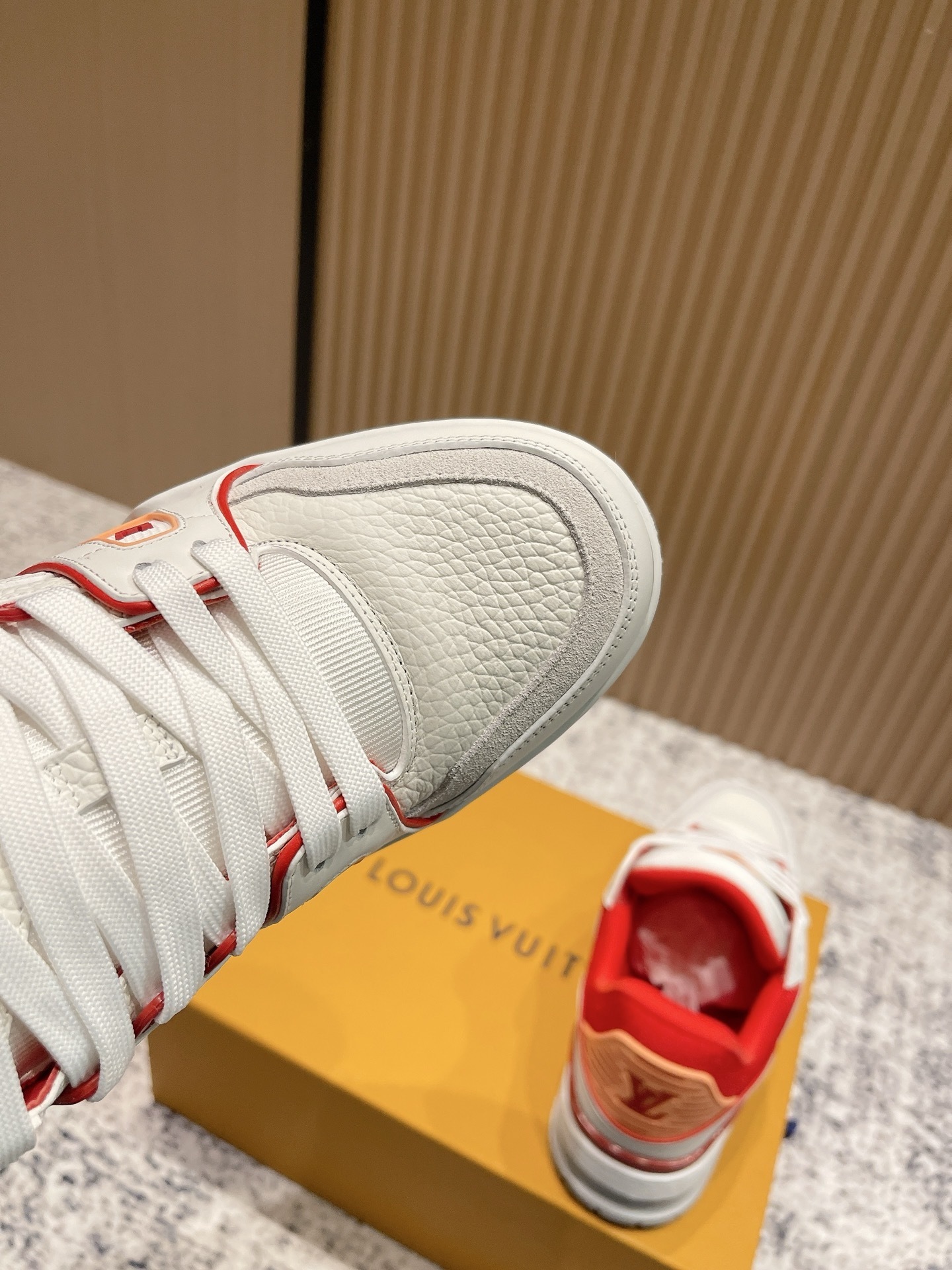 Louis Vuitton LV Trainer Sneakers - White & Red Grained Leather