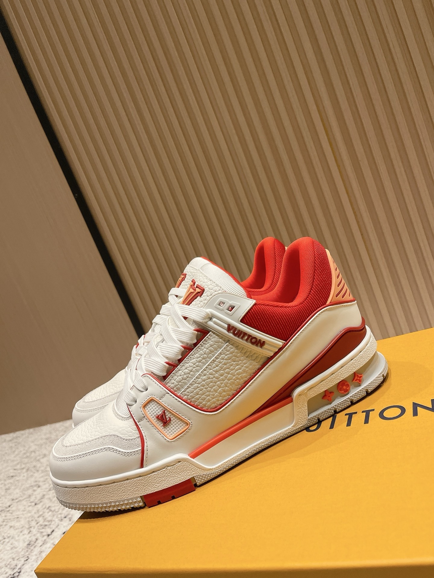 Louis Vuitton LV Trainer Sneakers - White & Red Grained Leather