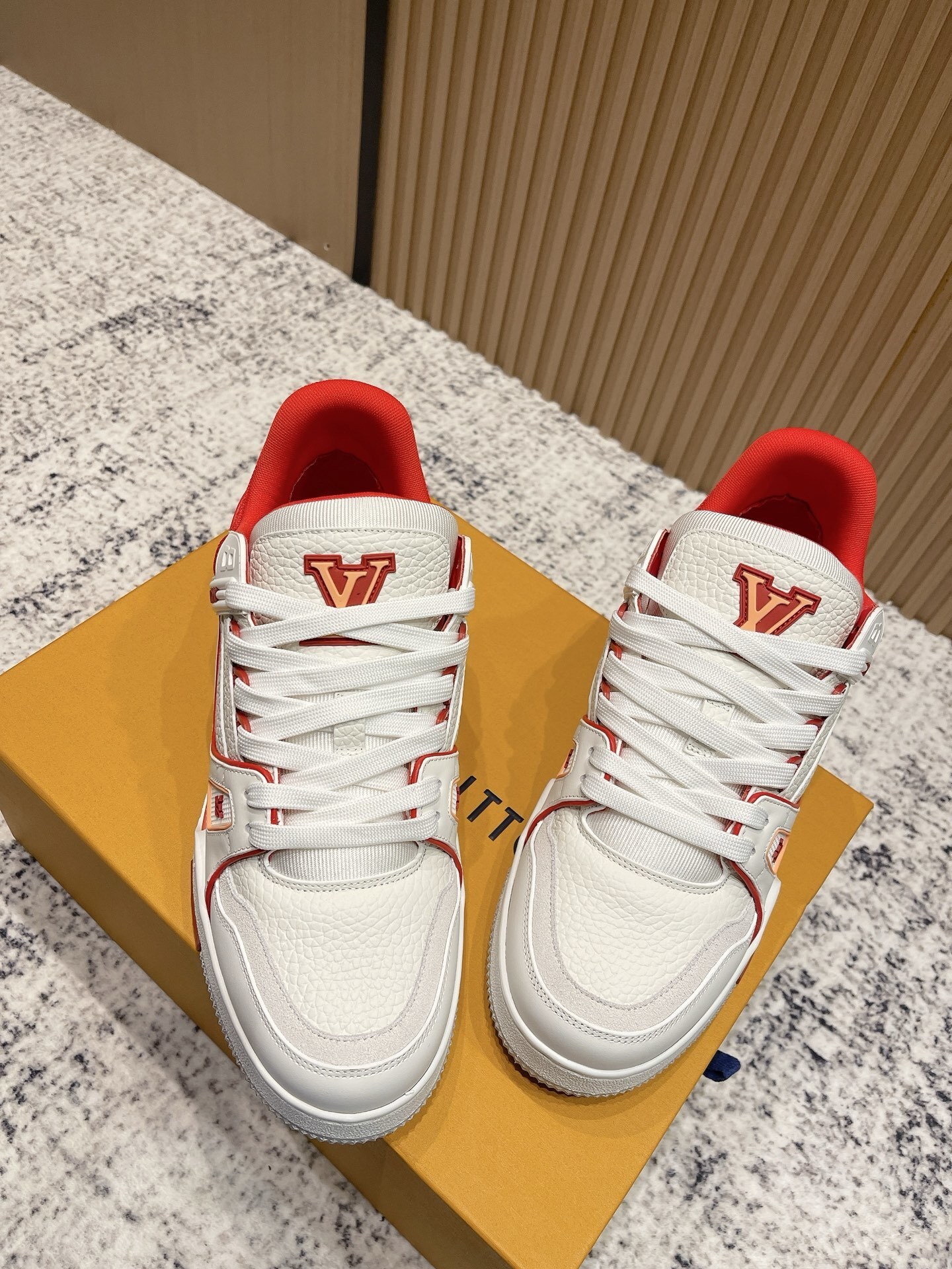 Louis Vuitton LV Trainer Sneakers - White & Red Grained Leather