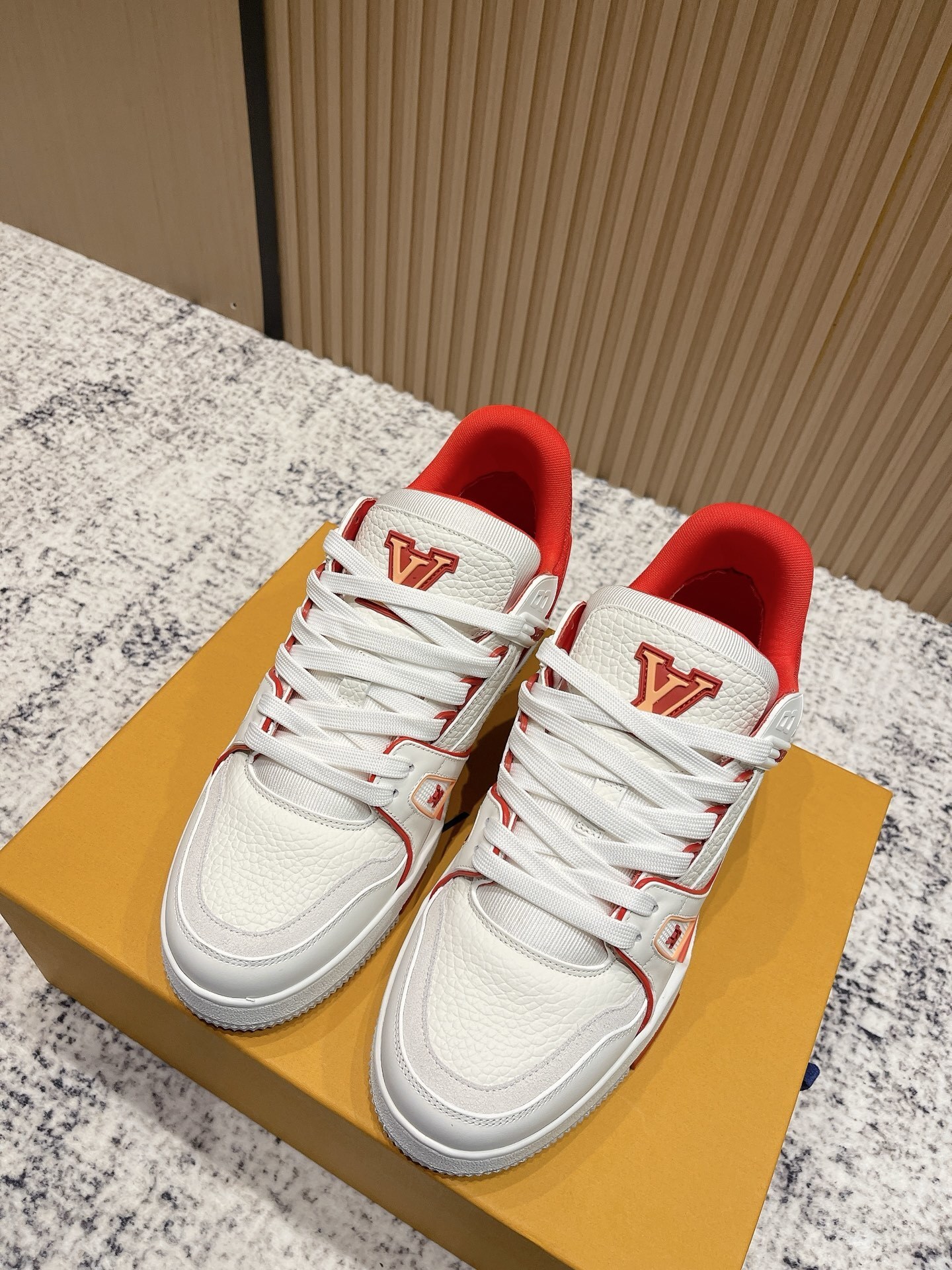 Louis Vuitton LV Trainer Sneakers – White & Red Grained Leather
