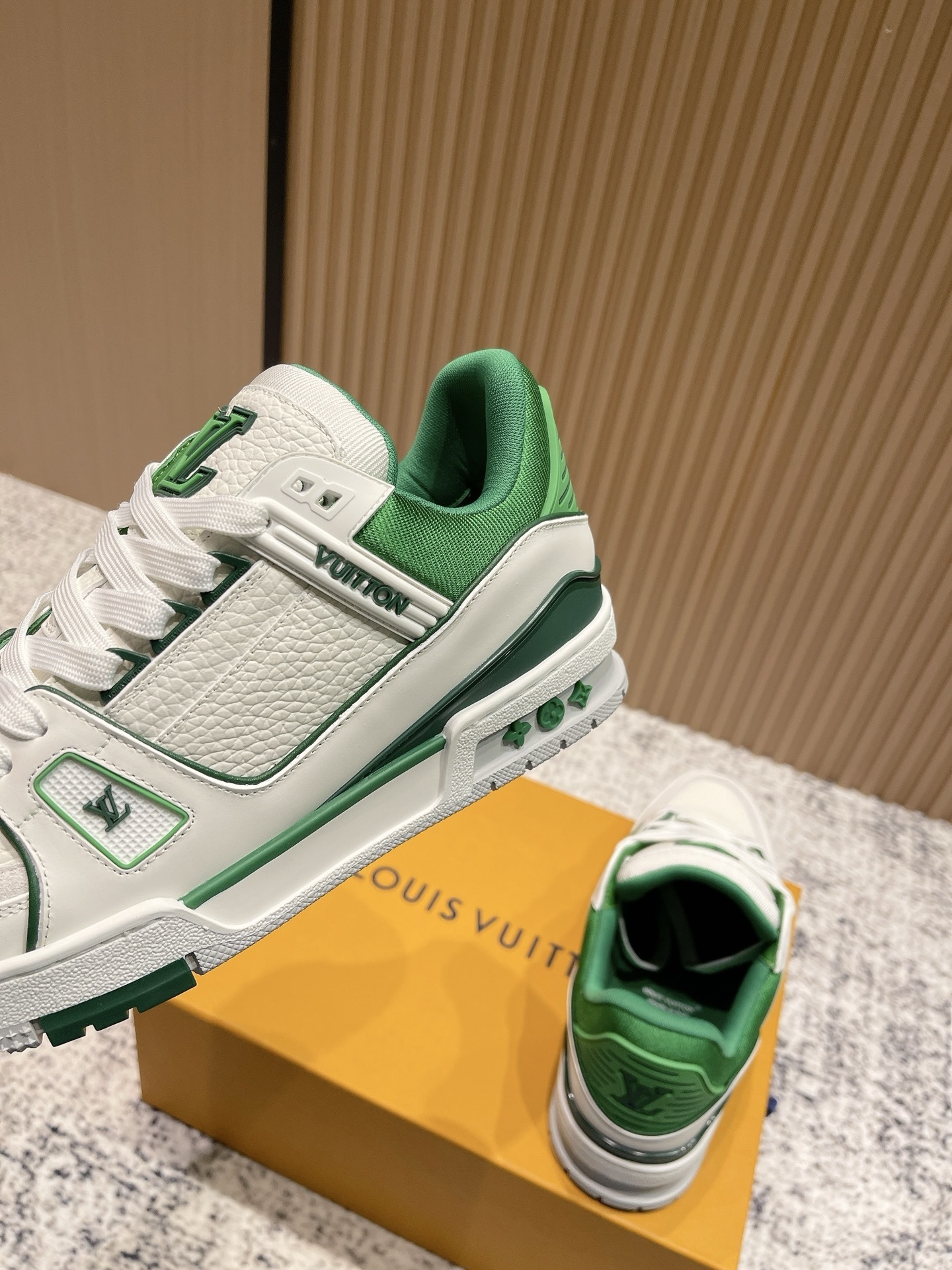 Louis Vuitton LV Trainer White Green Grained Leather Sneakers