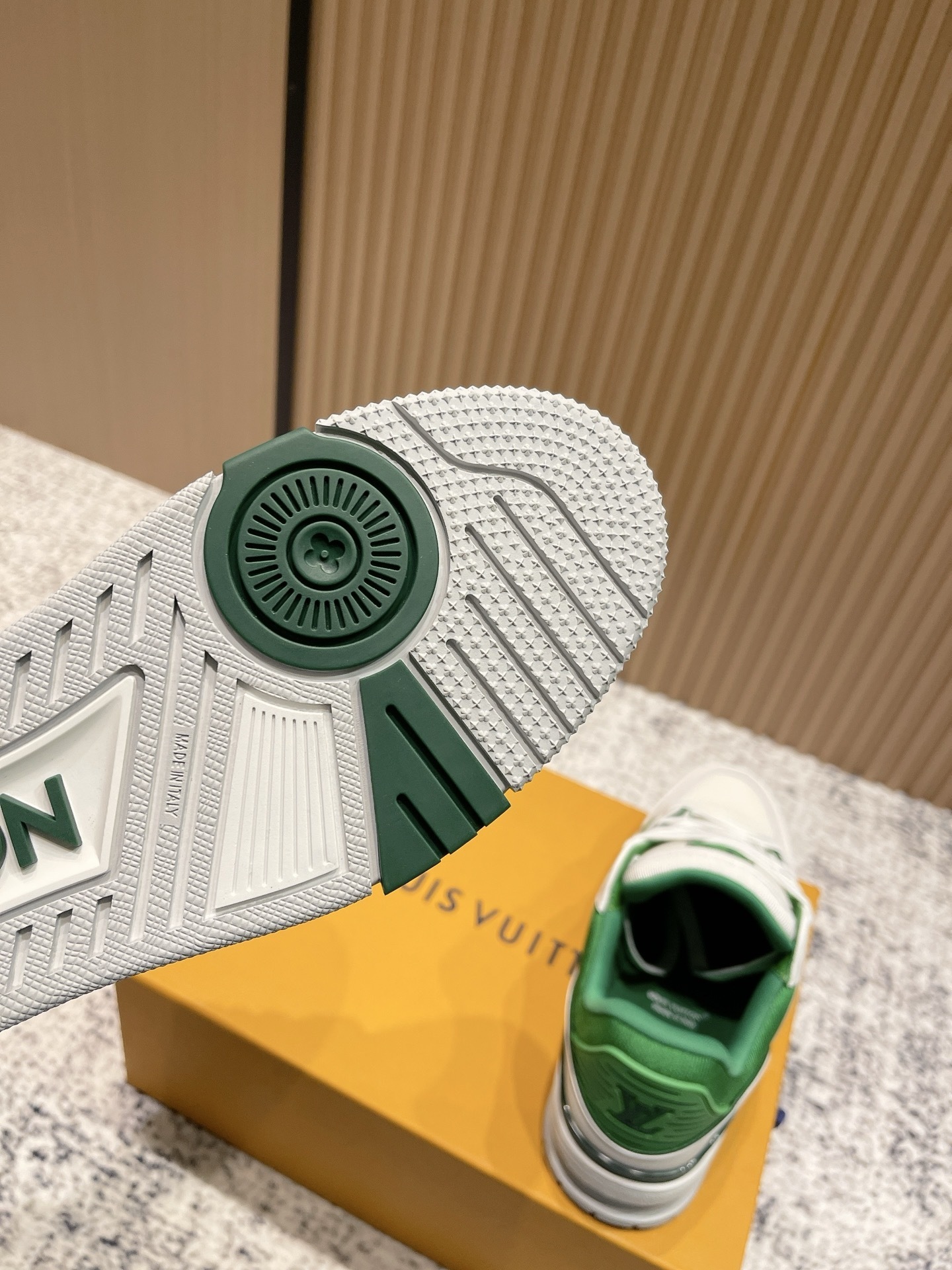 Louis Vuitton LV Trainer White Green Grained Leather Sneakers