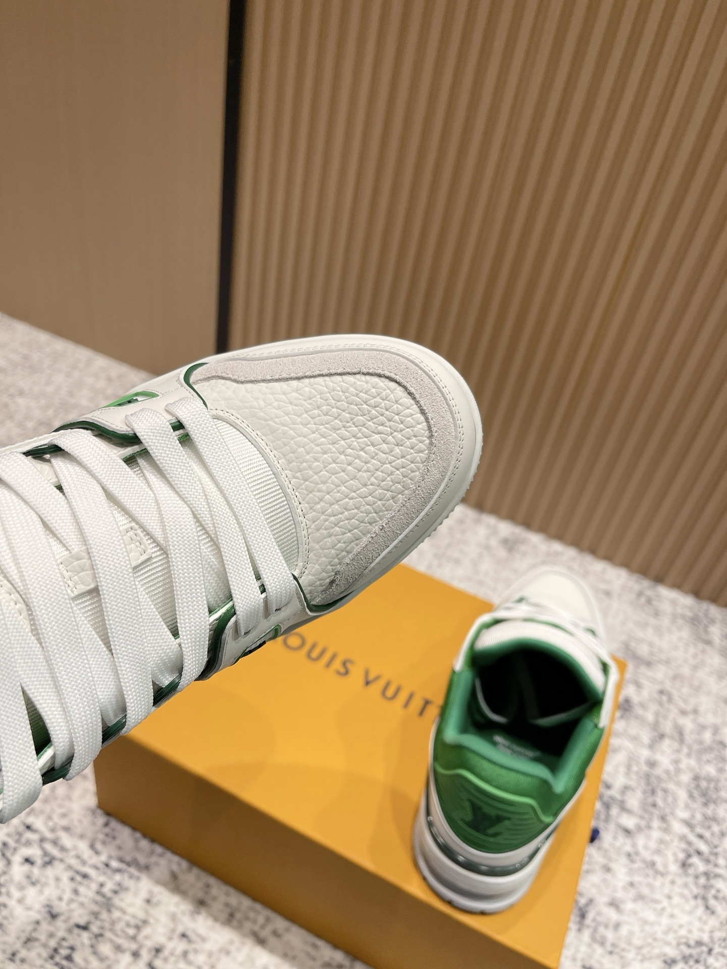 Louis Vuitton LV Trainer White Green Grained Leather Sneakers