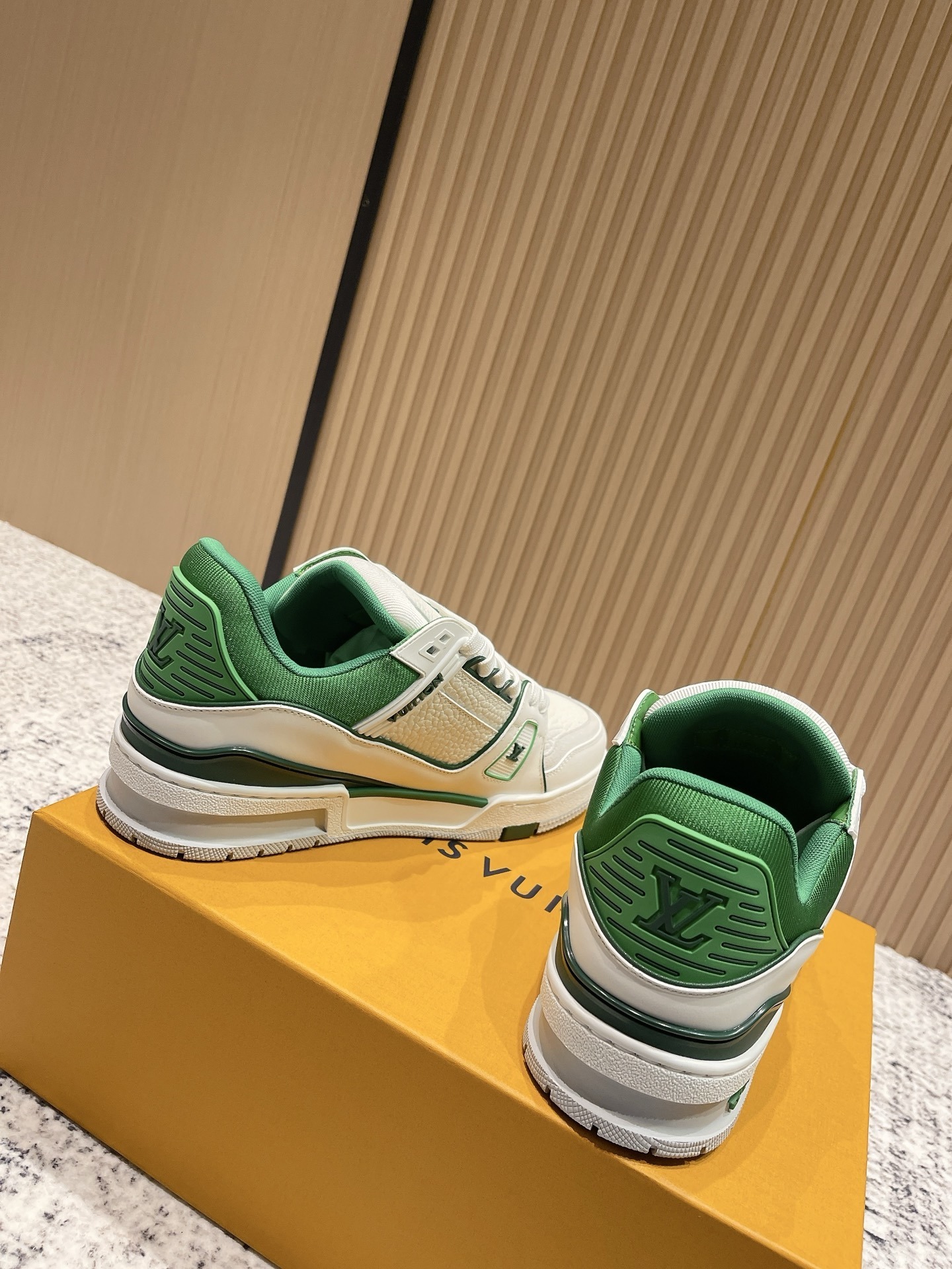 Louis Vuitton LV Trainer White Green Grained Leather Sneakers