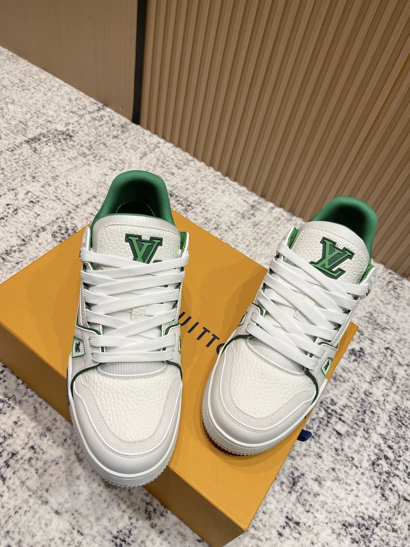 Louis Vuitton LV Trainer White Green Grained Leather Sneakers