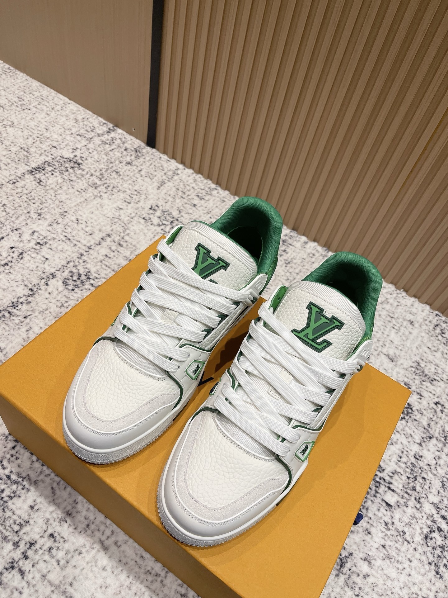 Louis Vuitton LV Trainer White Green Grained Leather Sneakers