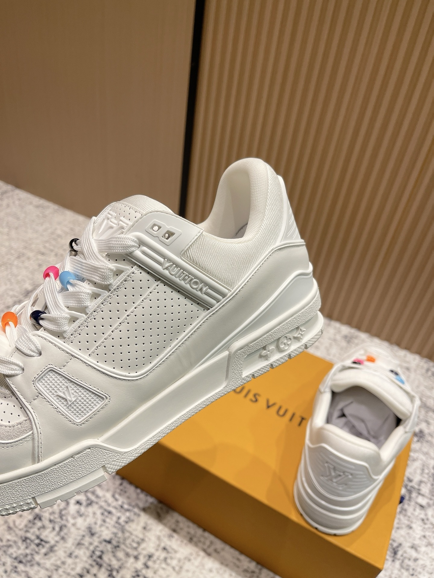 Louis Vuitton White Leather Trainer Sneakers with Colorful Beads
