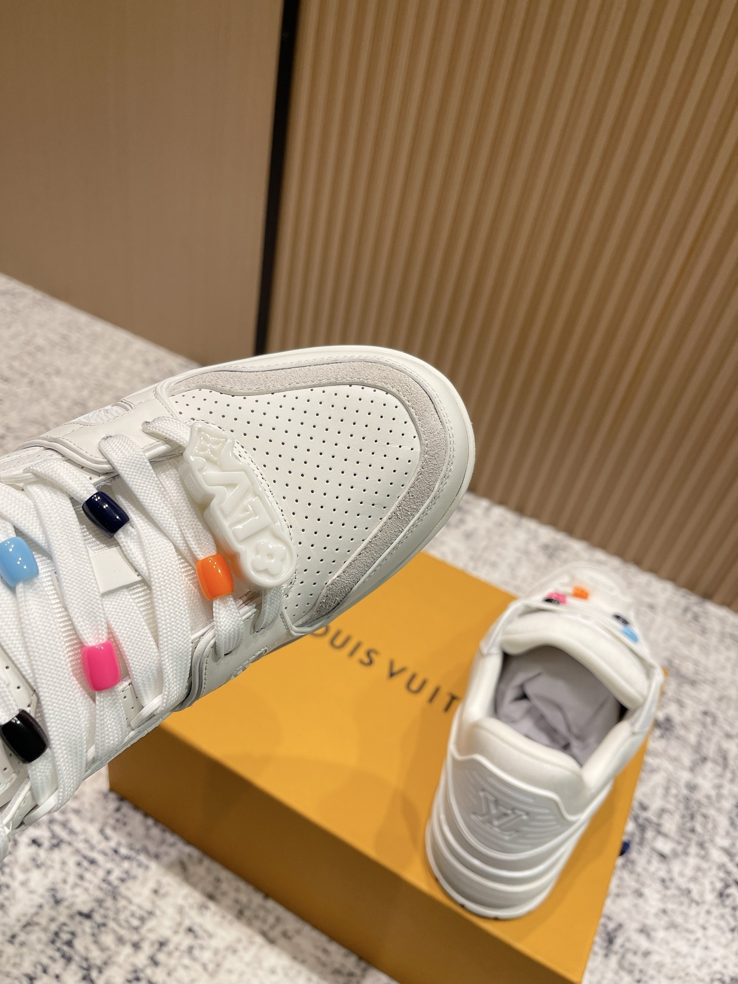 Louis Vuitton White Leather Trainer Sneakers with Colorful Beads