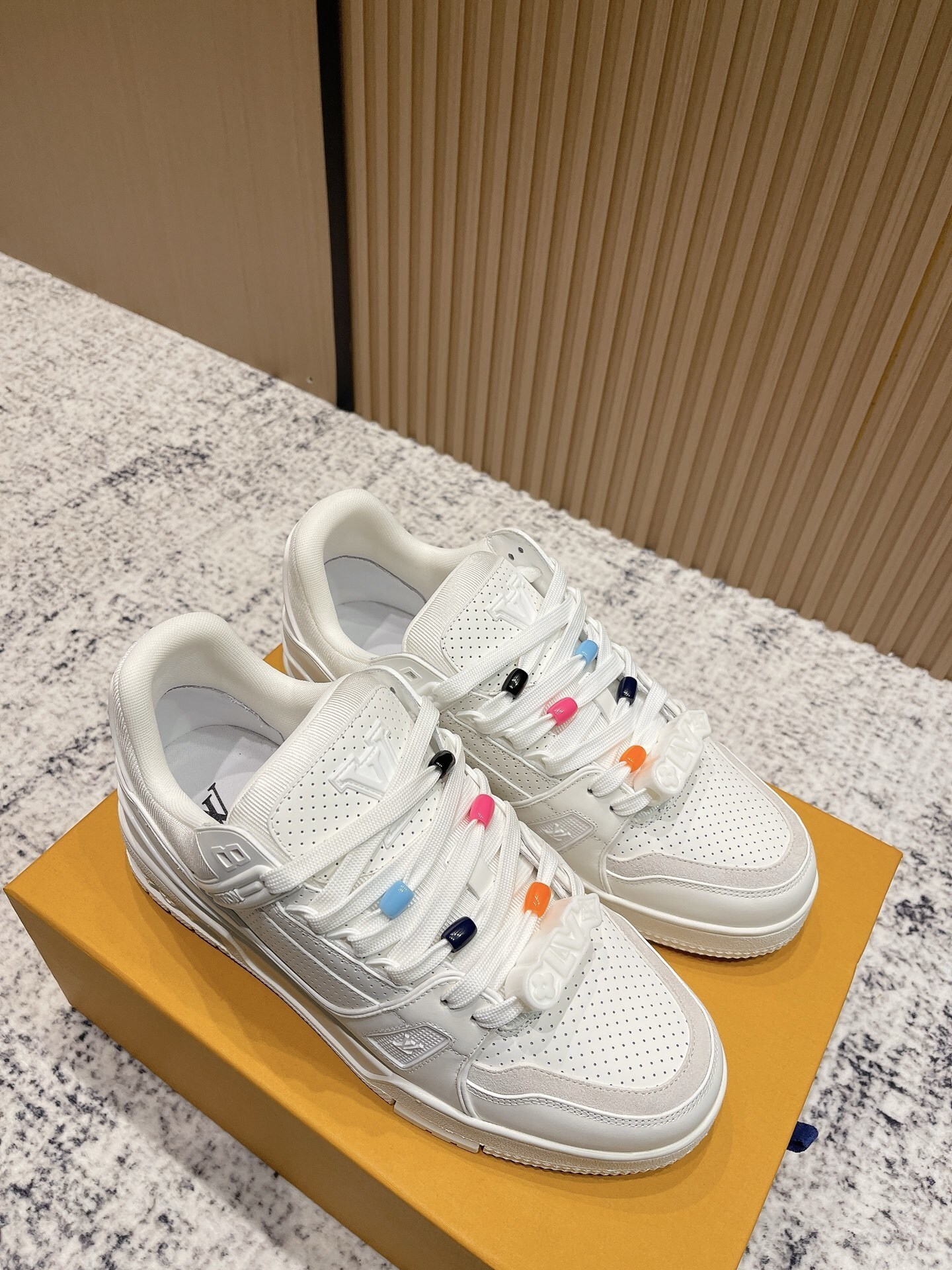 Louis Vuitton White Leather Trainer Sneakers with Colorful Beads