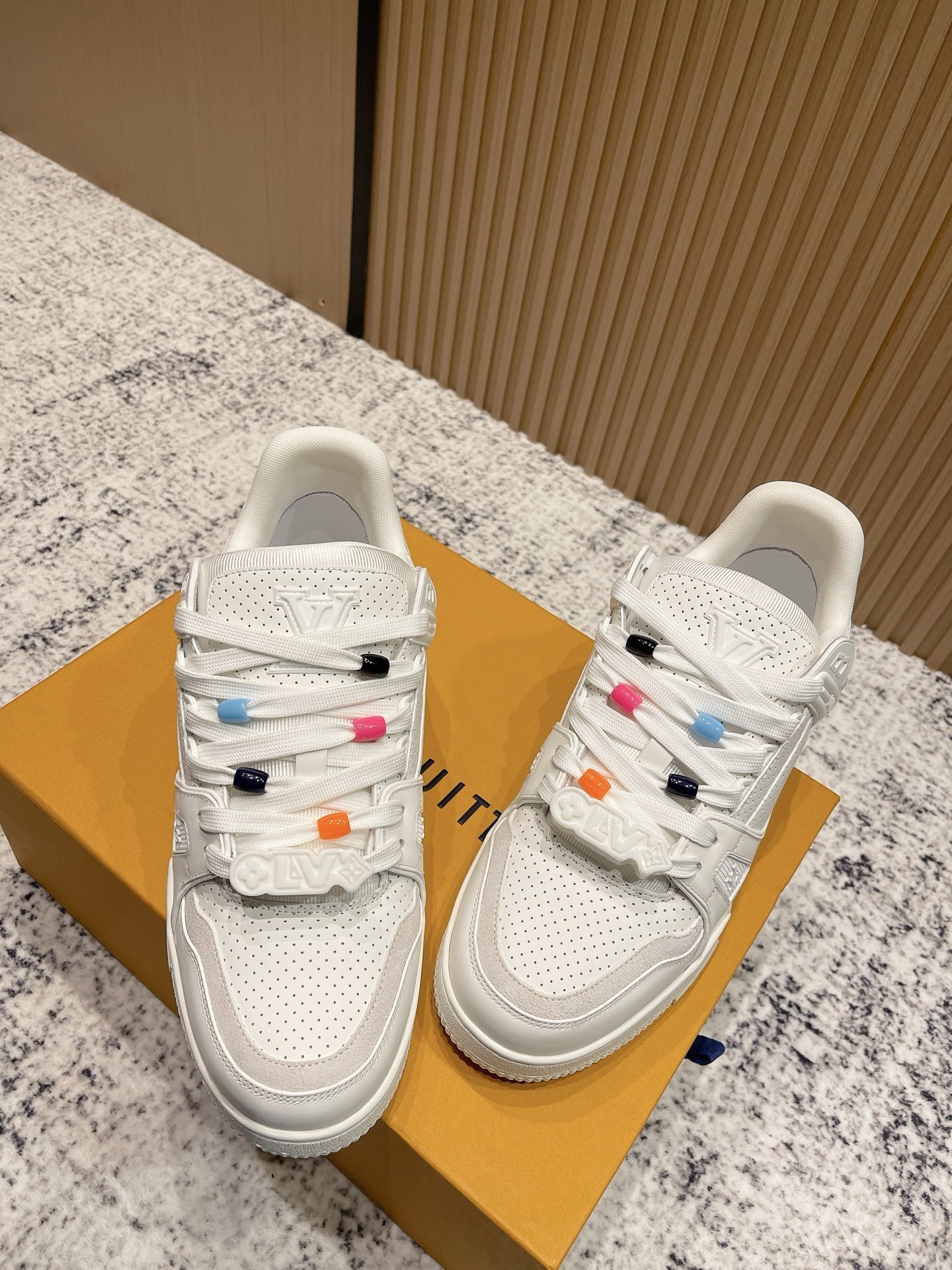 Louis Vuitton White Leather Trainer Sneakers with Colorful Beads