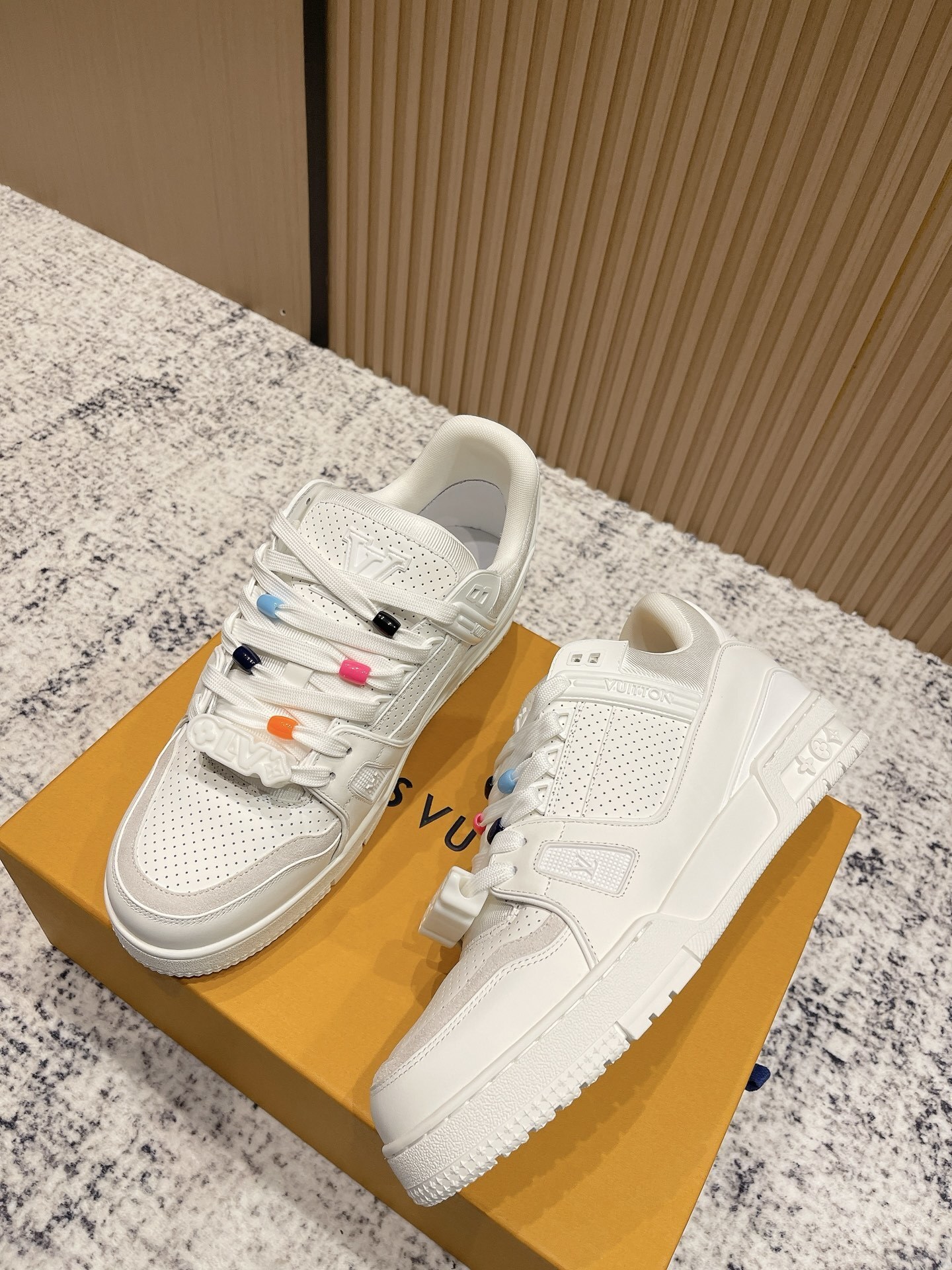 Louis Vuitton White Leather Trainer Sneakers with Colorful Beads