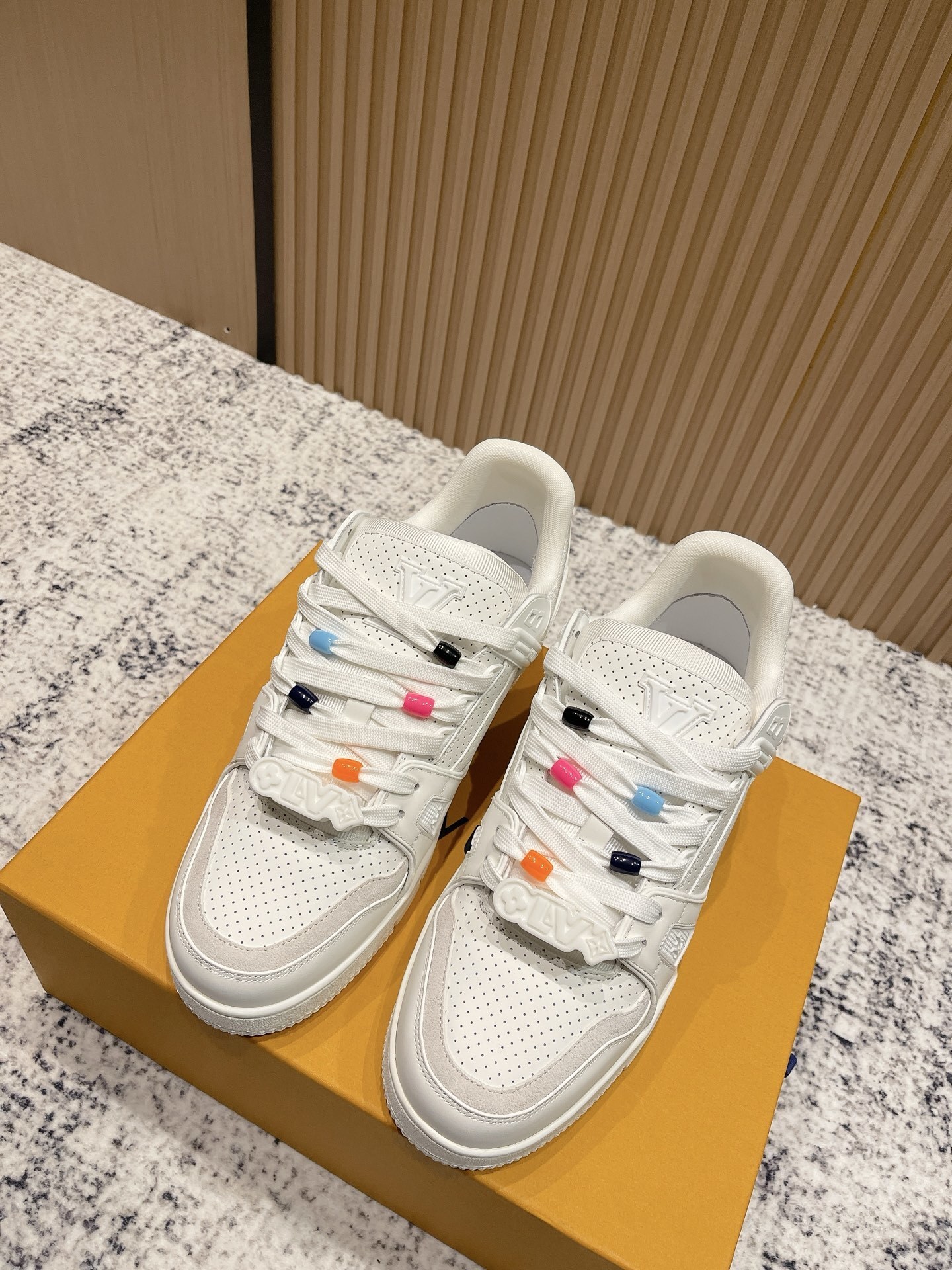 Louis Vuitton White Leather Trainer Sneakers with Colorful Beads
