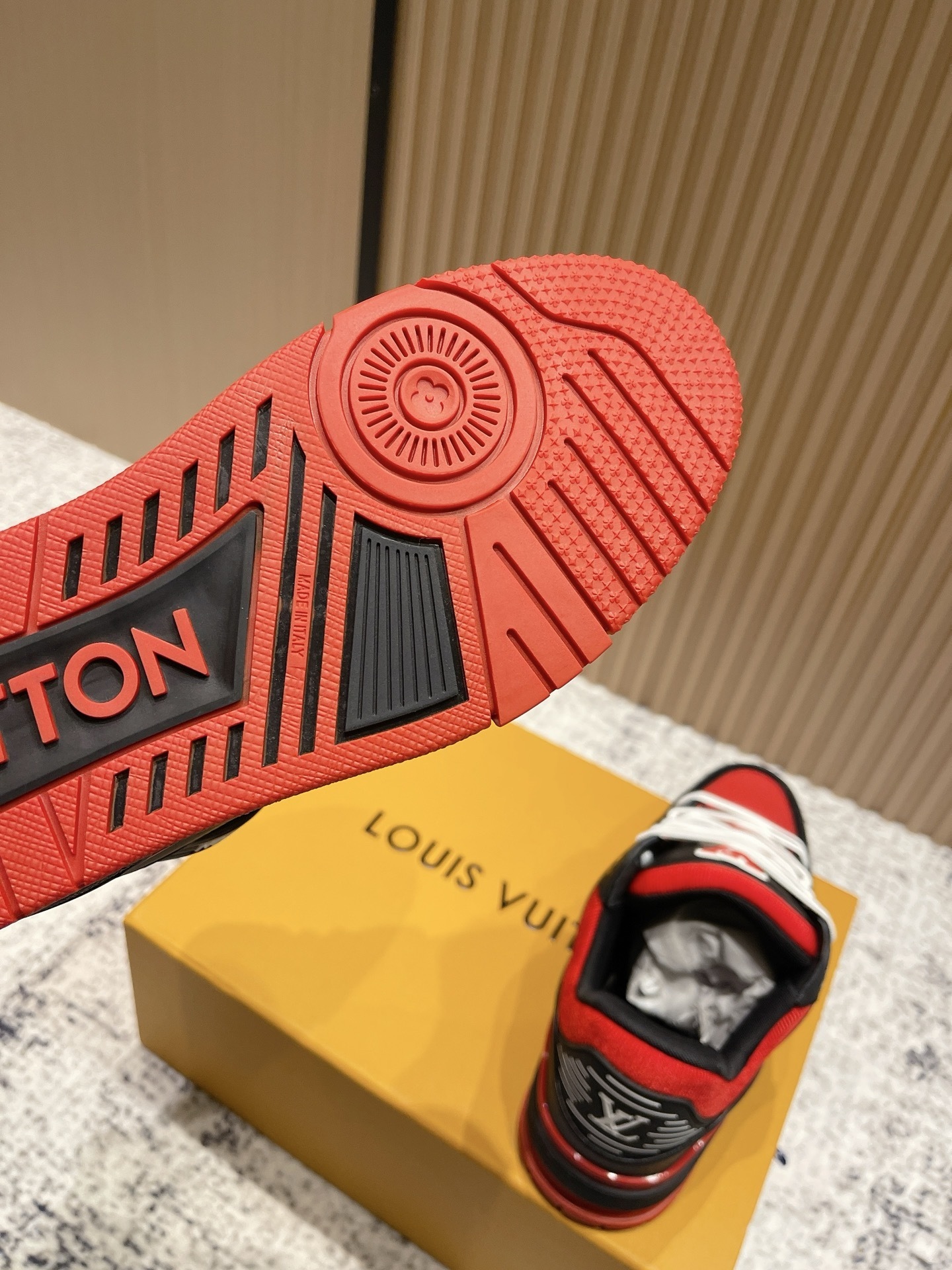 LV Trainer Sneakers - Premium Red, Black & White Luxury Shoes