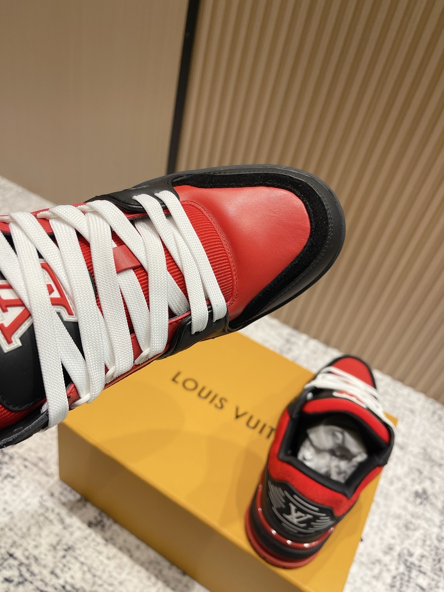 LV Trainer Sneakers - Premium Red, Black & White Luxury Shoes