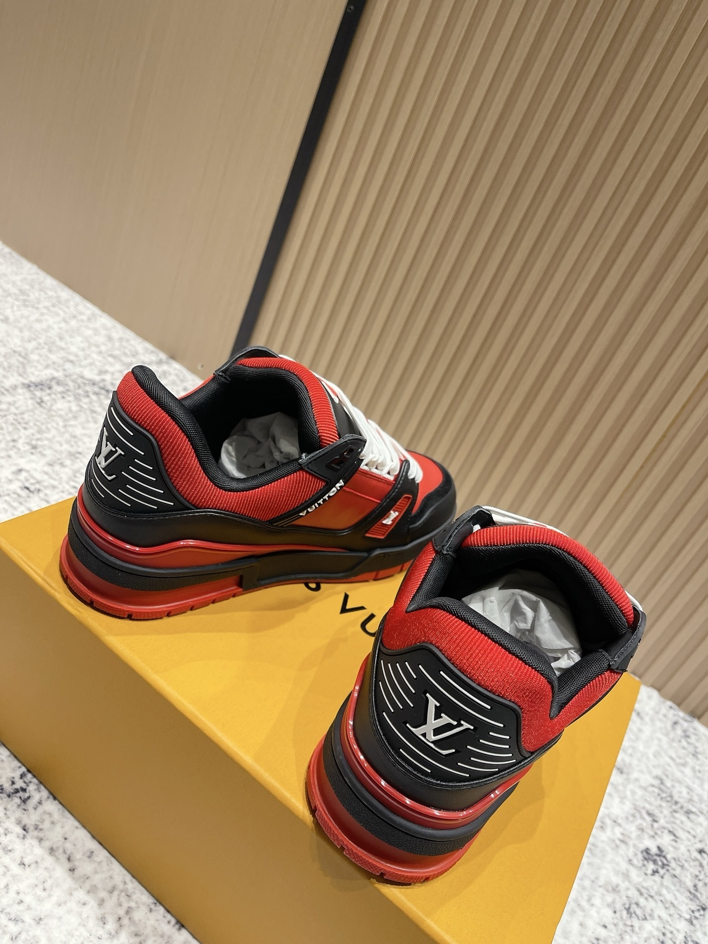 LV Trainer Sneakers - Premium Red, Black & White Luxury Shoes