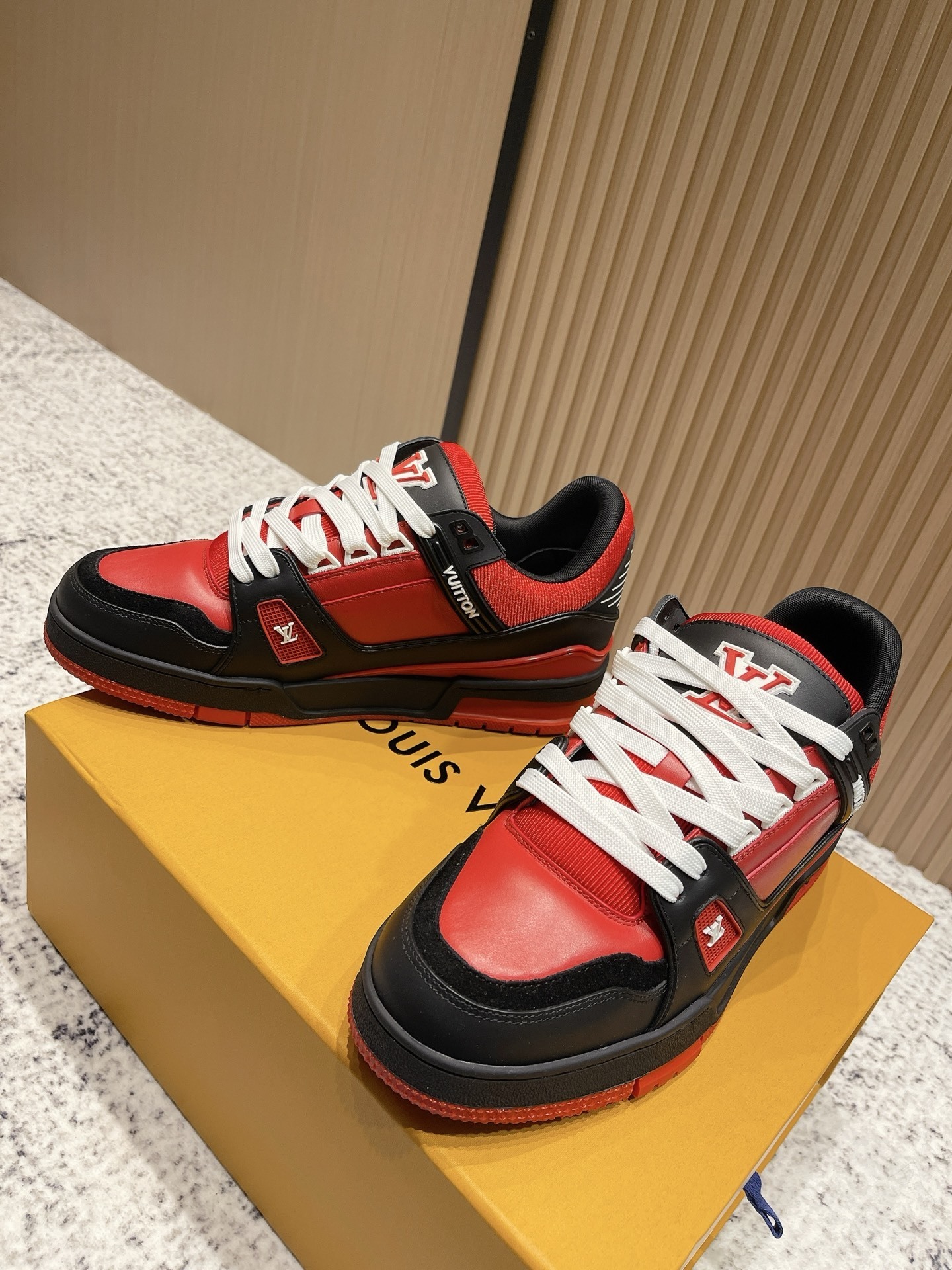 LV Trainer Sneakers - Premium Red, Black & White Luxury Shoes