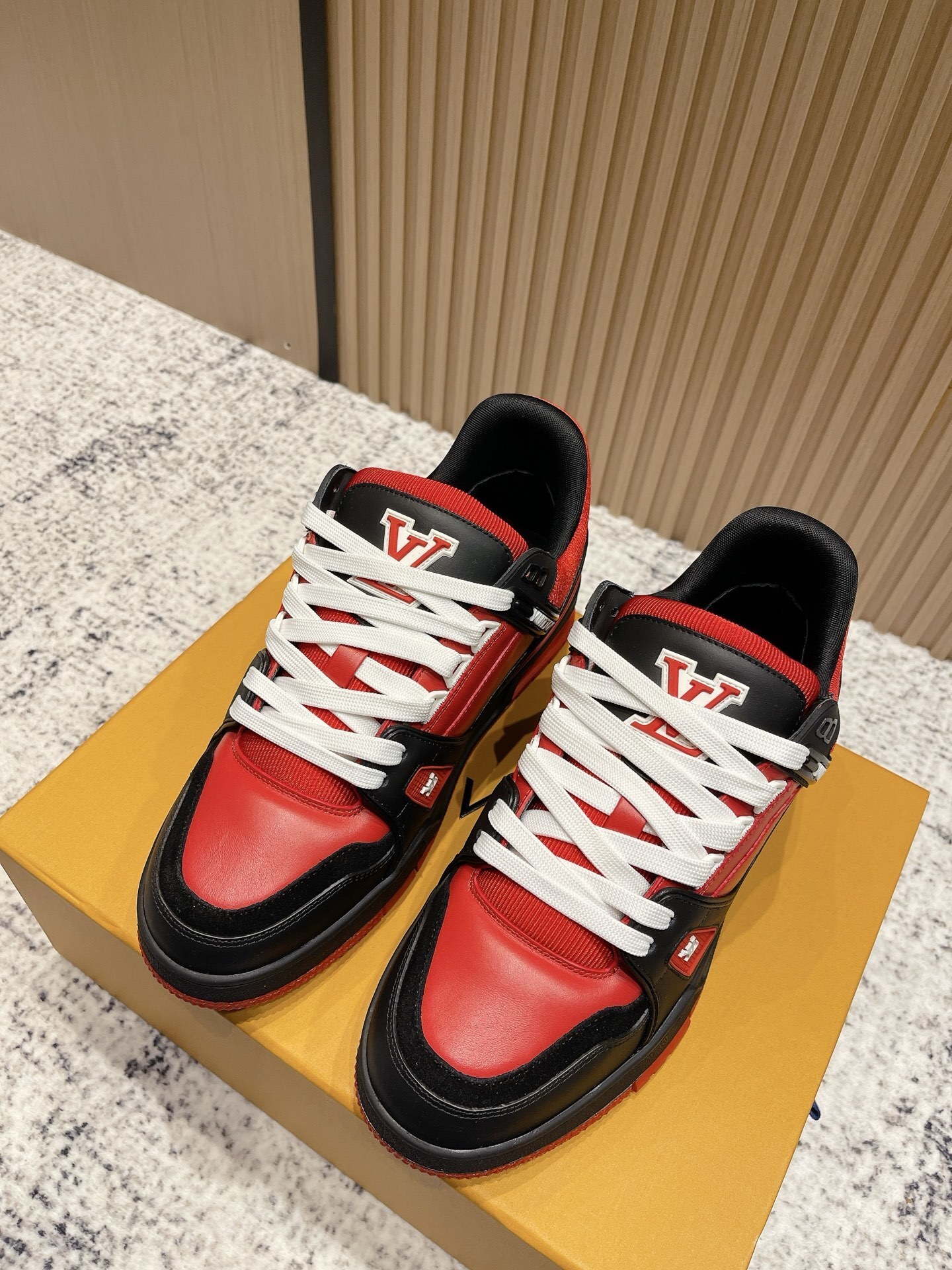 LV Trainer Sneakers – Premium Red, Black & White Luxury Shoes