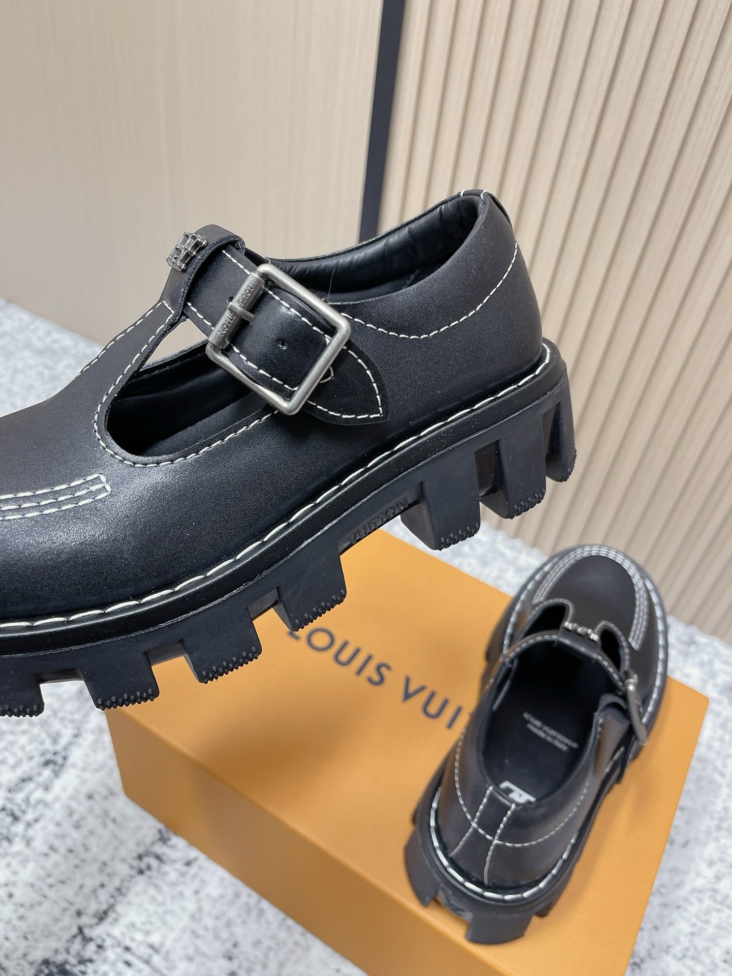 Louis Vuitton Women's Black Leather T-Strap Platform Mary Jane Shoes