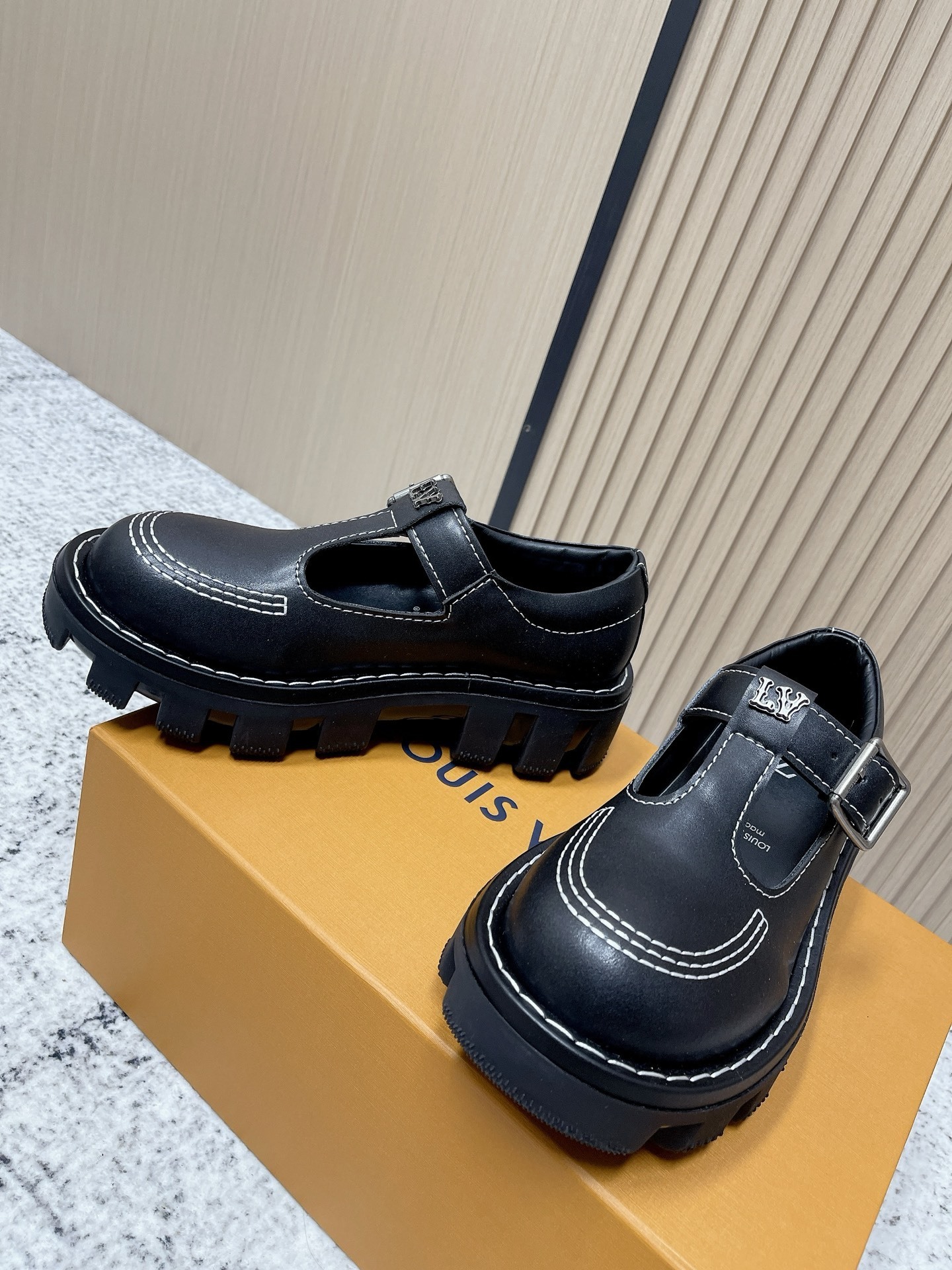 Louis Vuitton Women's Black Leather T-Strap Platform Mary Jane Shoes