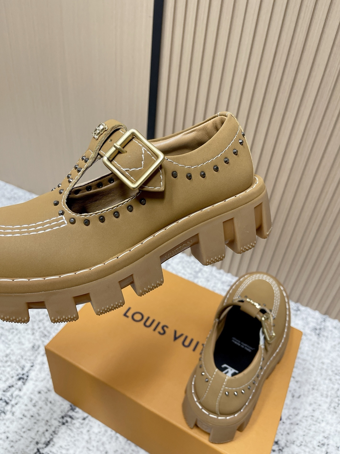 Louis Vuitton Tan Leather Studded T-Strap Loafers with Lug Sole
