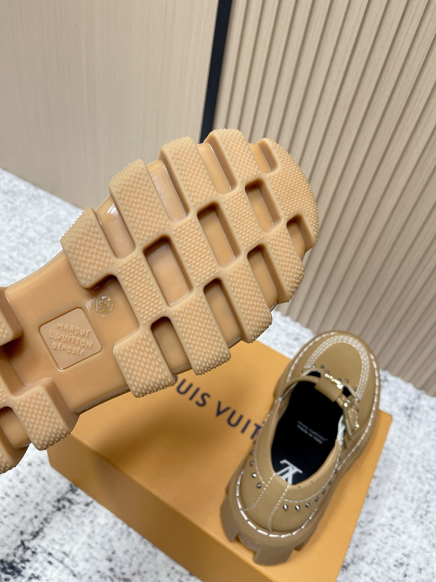 Louis Vuitton Tan Leather Studded T-Strap Loafers with Lug Sole